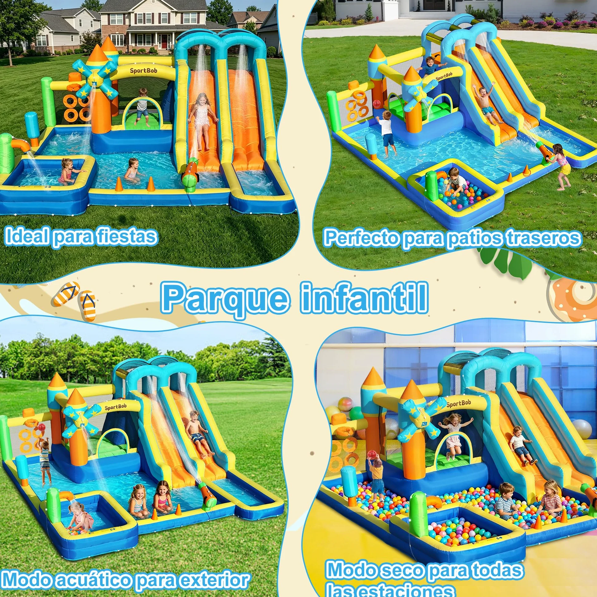 Castillo hinchable con doble tobogán, soplador, piscina infantil, zona de salto y pared de escalada, ideal para uso en interiores y exteriores, reuniones familiares y ocasiones de cumpleaños