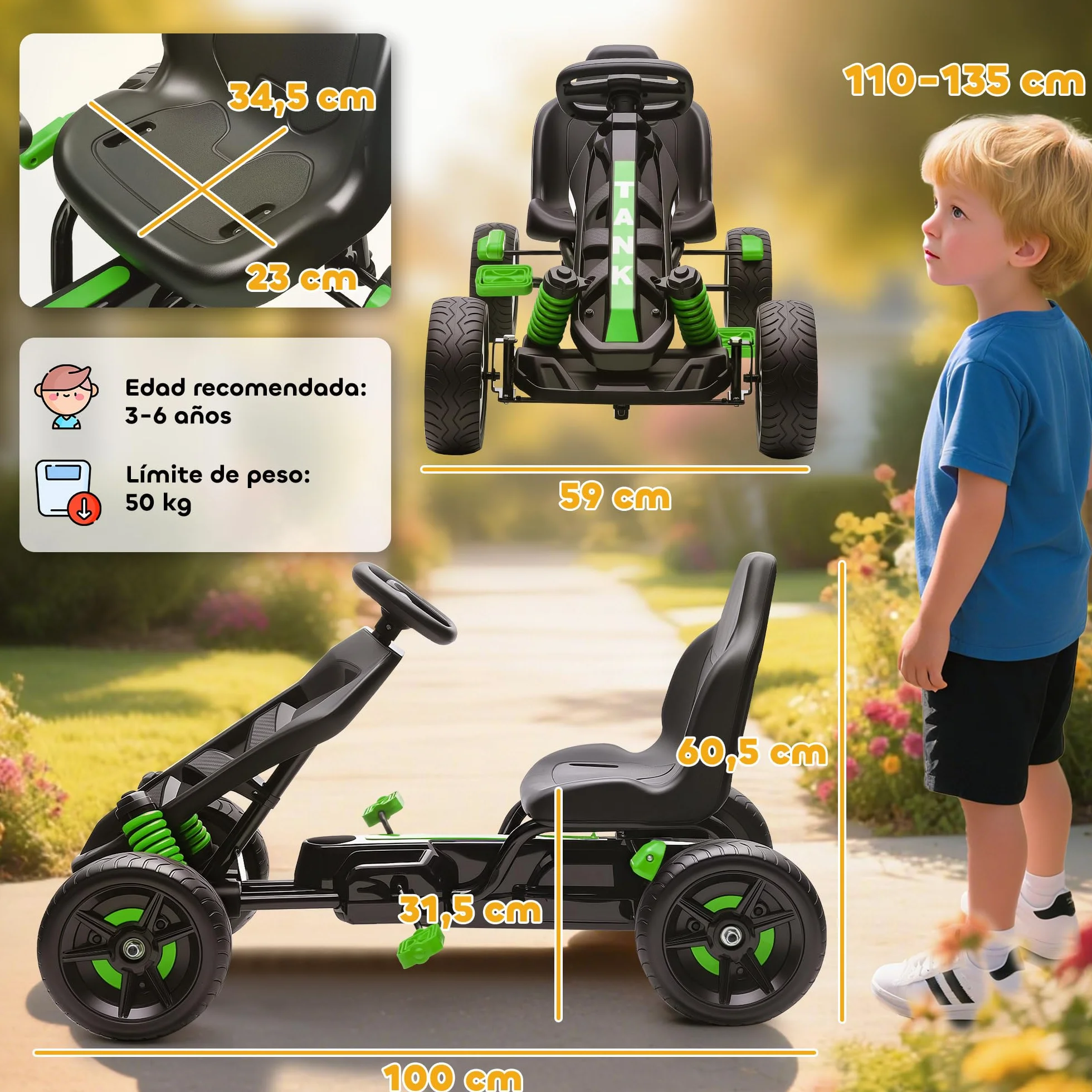 AIYAPLAY Kart Pedales para Niños de +3 Años Go Kart con Embrague Automático Freno Ruedas Antideslizantes de EVA y Marco Metálico Carga 50 kg Verde