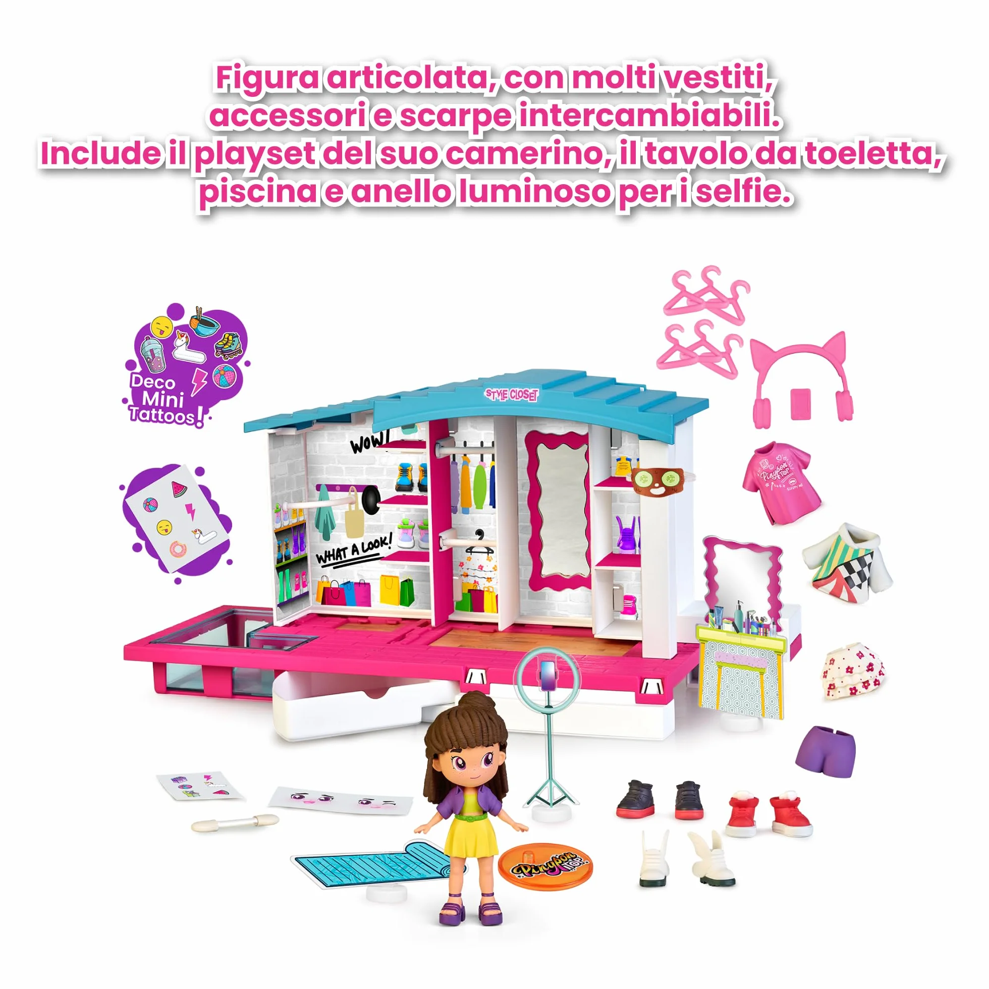 Pinypon Top Style Closet, Vestidor con Ropa, Zapatos y Accesorios para Crear Outfits, Incluye Figura Articulada de Brazos y Piernas con Doble Cara y Decoración, +4 años, Famosa (PNN04000)