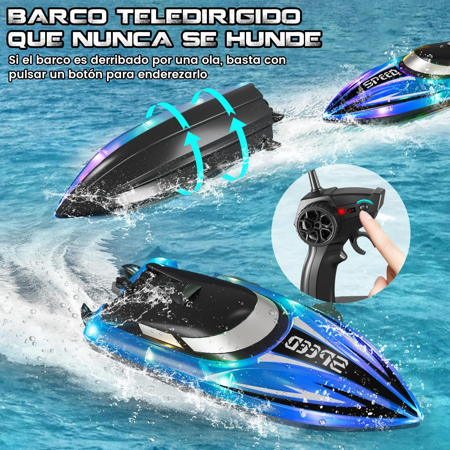 JONRRYIN Barco Teledirigido 2 Piezas, 2.4GHz Barcos Teledirigidos con Luces LED y Alarma de Batería Baja, Barcos RC Regalo para Niños y Adulto (Rojo+Azul)