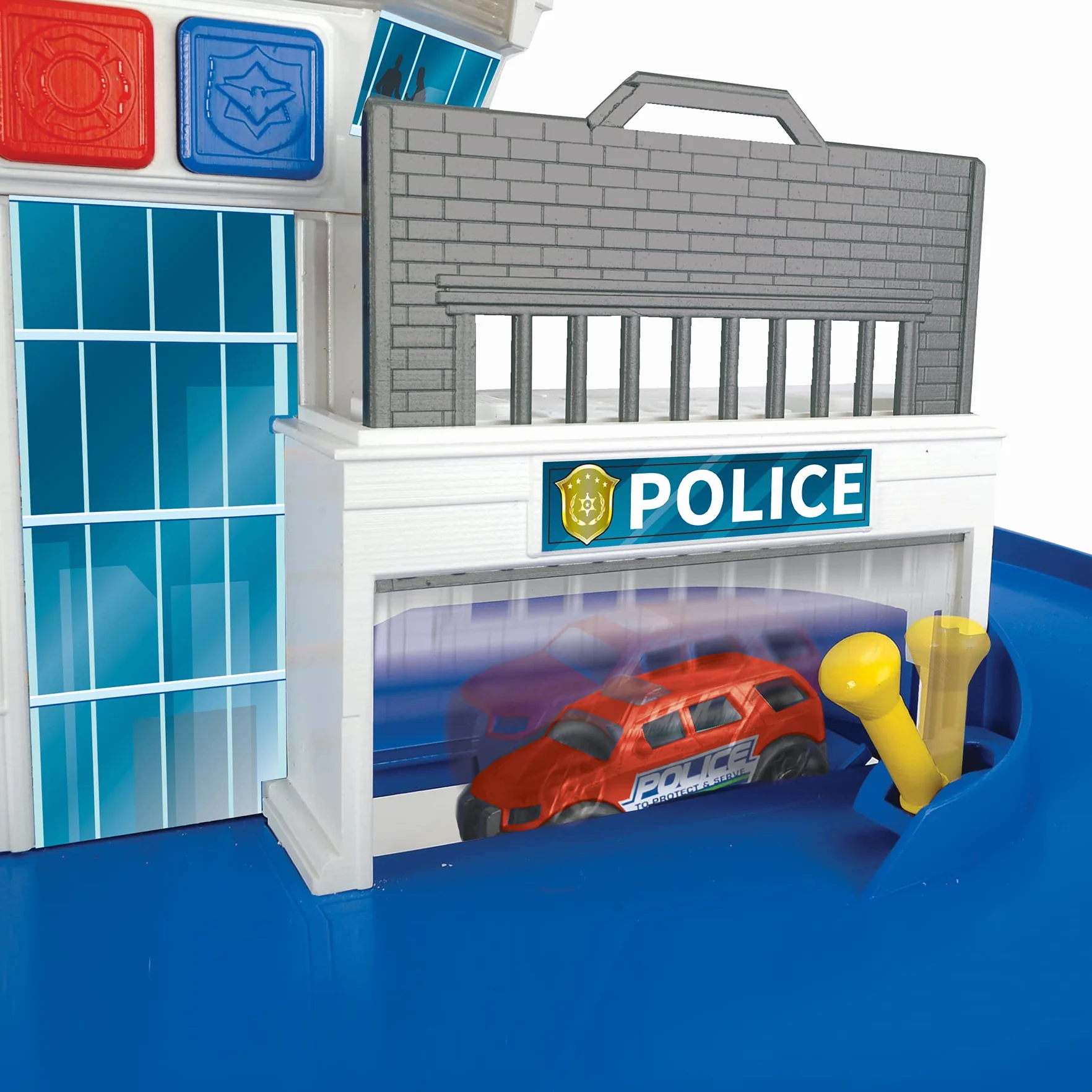 Dickie Toys Aparcamiento de Bomberos y policía con 2 Coches de Juguete con Elevador, luz Azul, Sirena, función de Fuego, para niños a Partir de 3 años