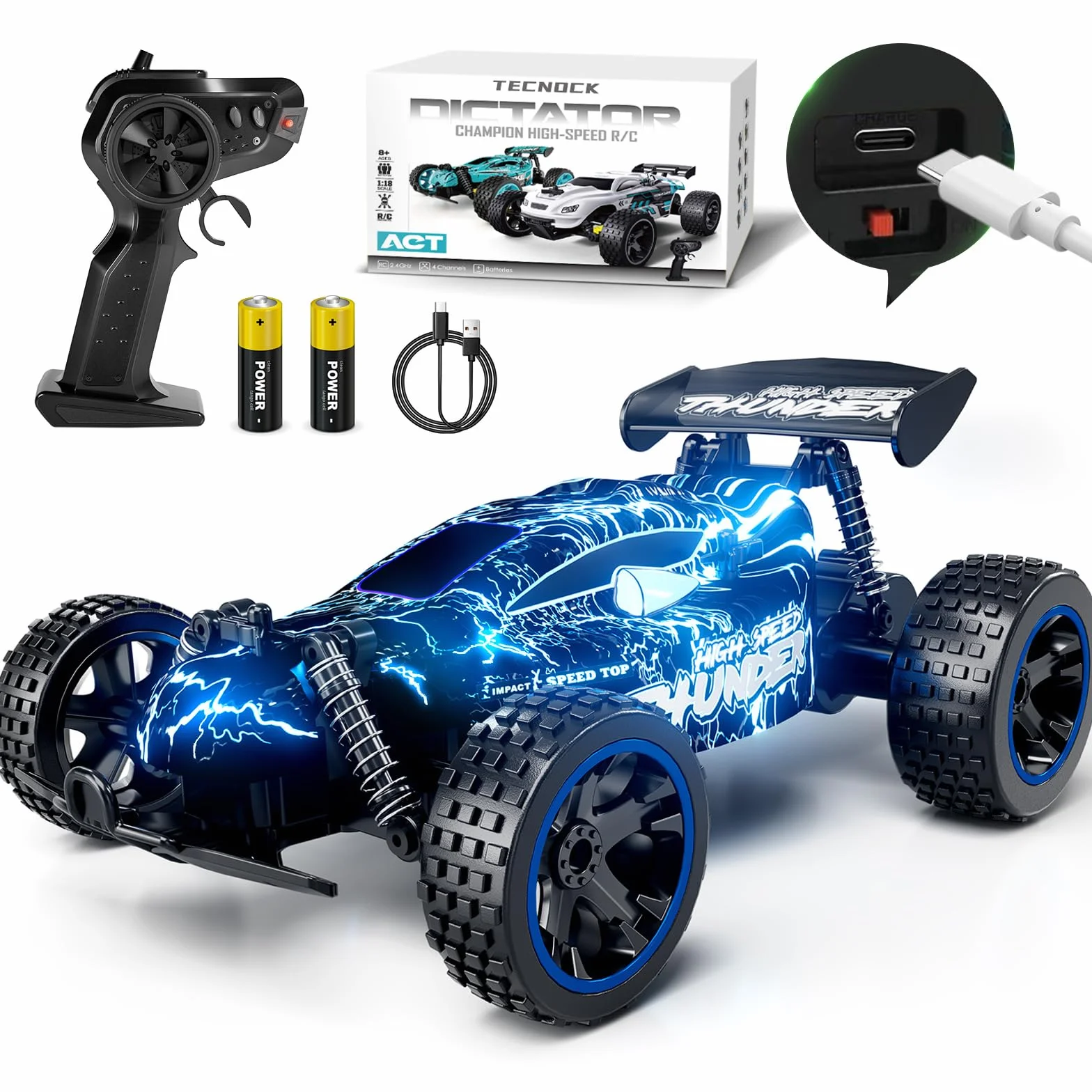Tecnock Coche Teledirigido para Niños 1:18, Coche RC 2WD de Alta Velocidad 20 km/h, Buggy Todoterreno 2,4 GHz con Baterías Recargables para 50 Min, Regalo para Niños y Niñas