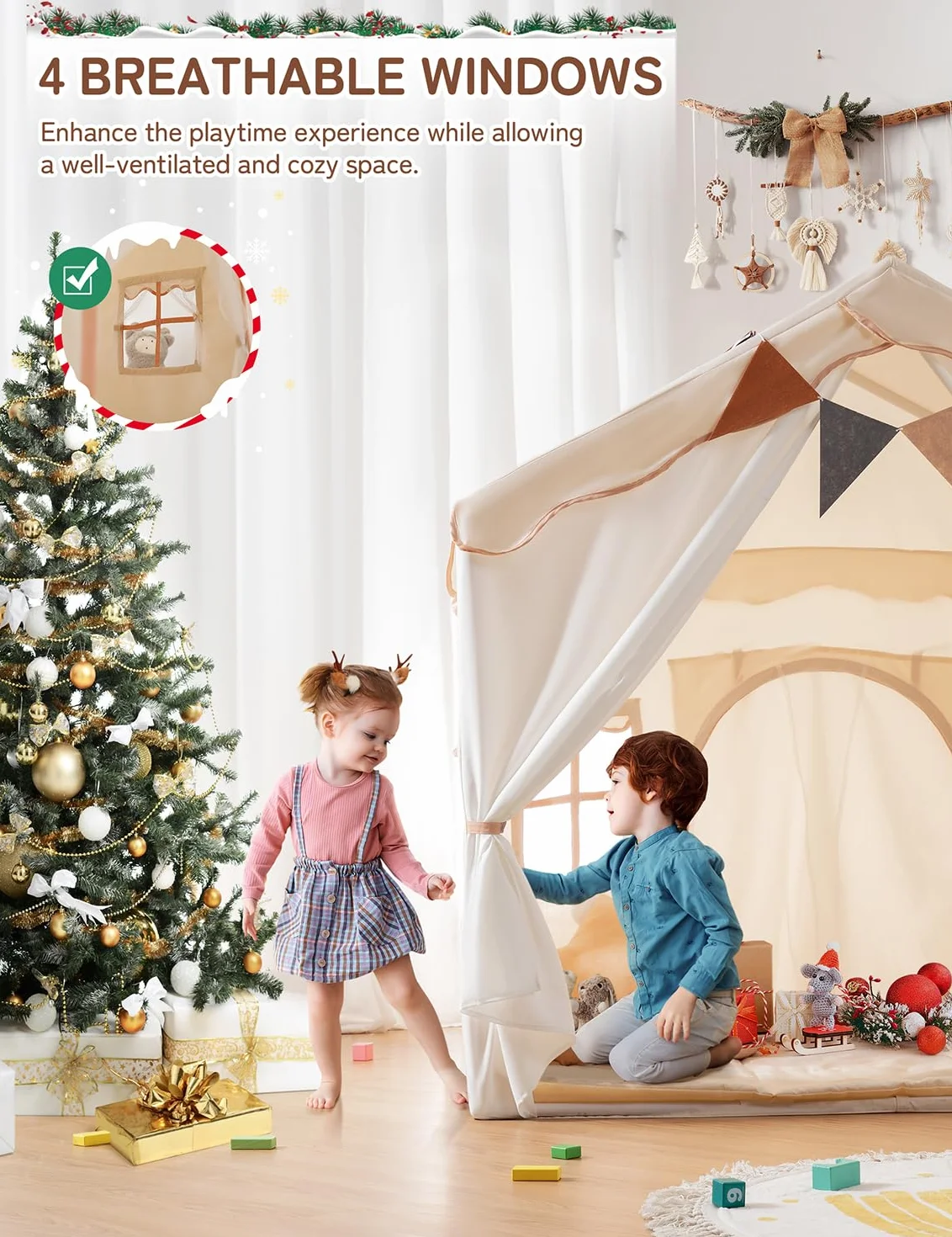 besrey Tienda de Campaña Infantil 2 en1 con Alfombra Acolchada, Luces y Banderas, Casita Infantil Tela de Juegos con 2 Puertas y 4 Ventanas, Cabañas para Niños