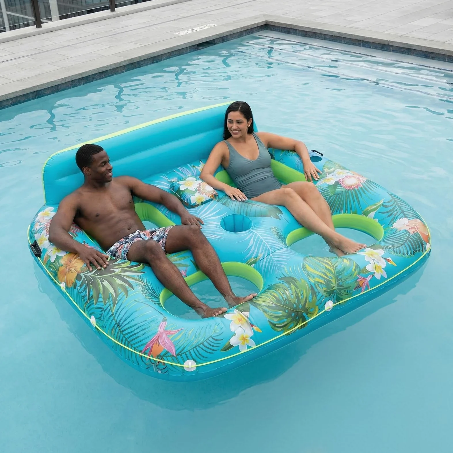 Colchón hinchable para 2 personas, sillón flotante con soporte para bebidas y asa, piscina con red, perfecto para vacaciones, piscina, piscina al aire libre