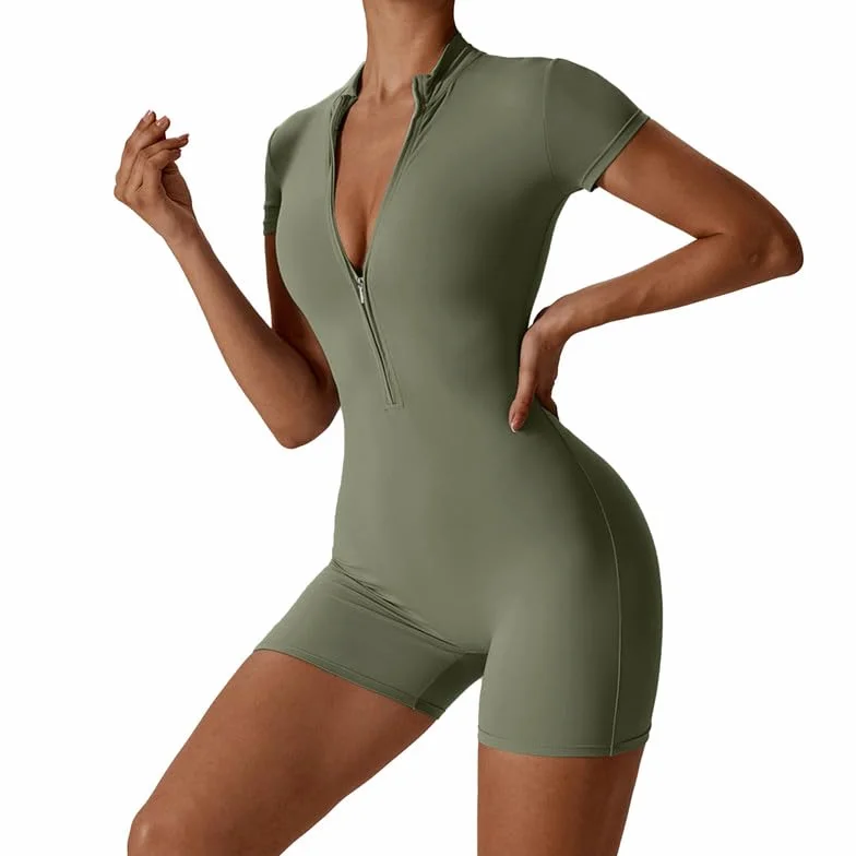 Litthing Mono Deportivo Mujer Corto Cremallera Elásticos Mangas Cortas Jumpsuit Sexy Ajustado Bodysuit Una Pieza Push Up Fitness Body Overol