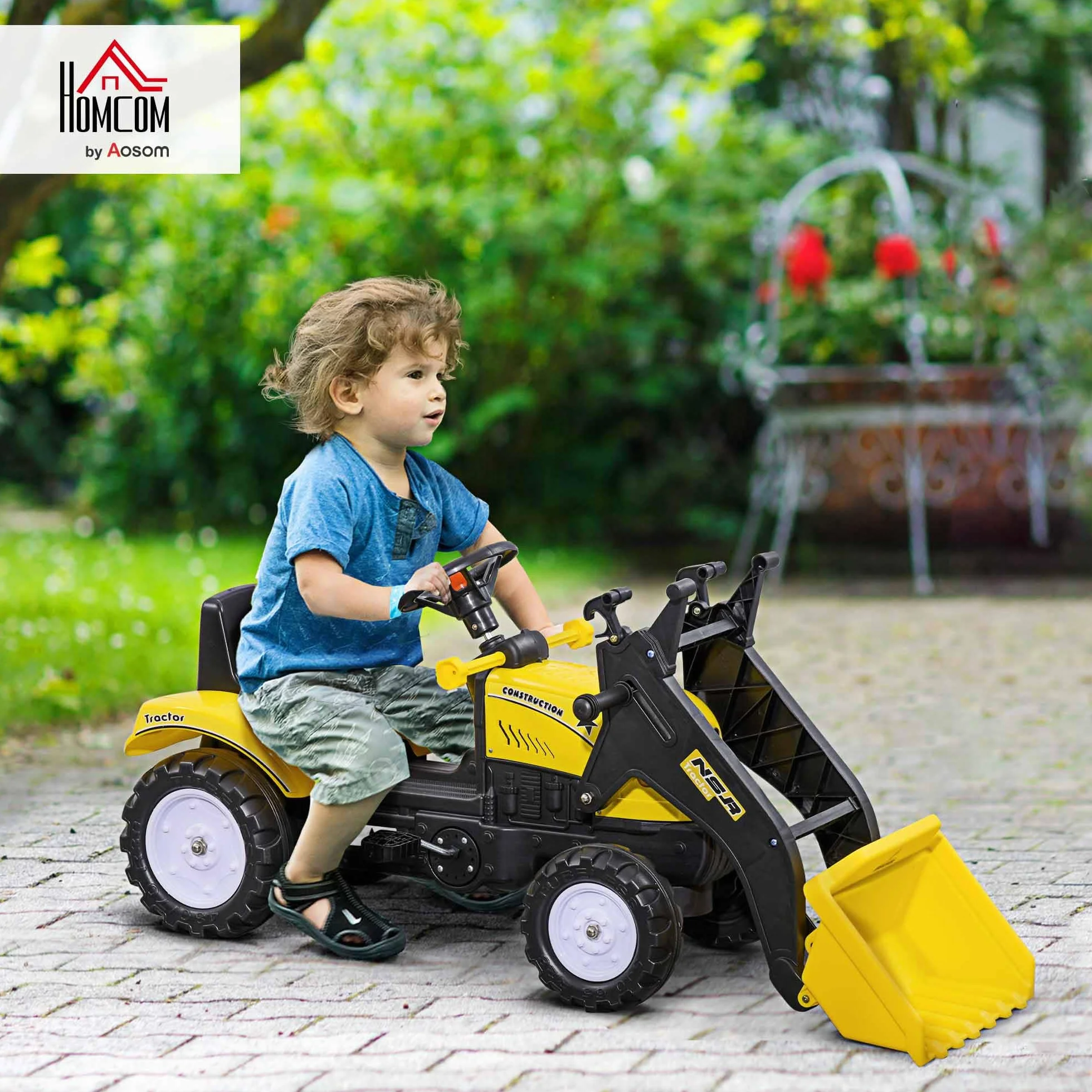 HOMCOM Tractor a Pedales para Niños de 3 Años Excavadora Camión con Pala Delantera Juguete de Montar Coche de Pedales Carga 35 kg 114x41x52 cm Amarillo