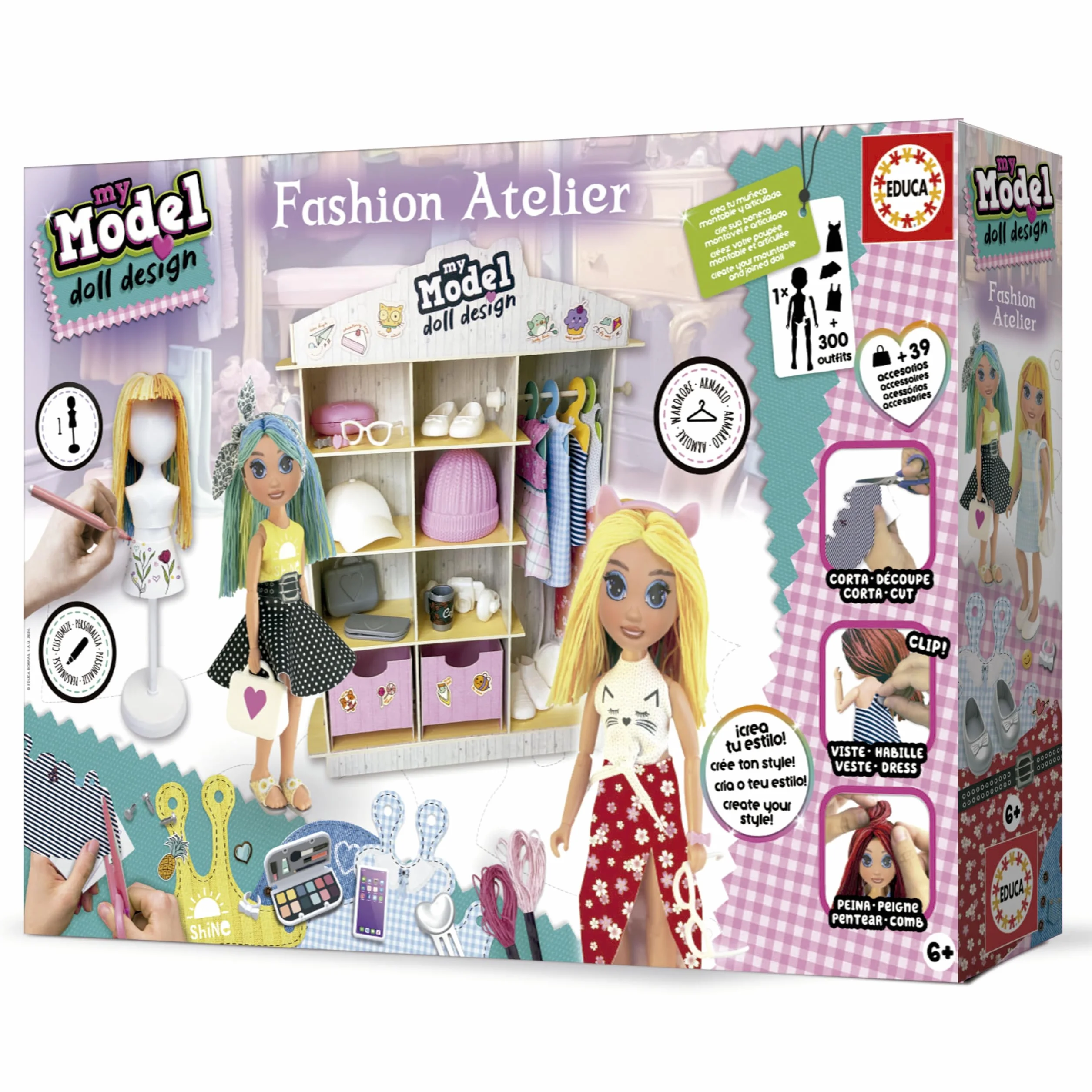 Educa - My Model Doll Design Fashion Atelier | CREA más de 300 increíbles Looks Distintos. Muñeca articulada, péinala, Corta la Tela y vístela. Incluye maniquí y Armario (19350)