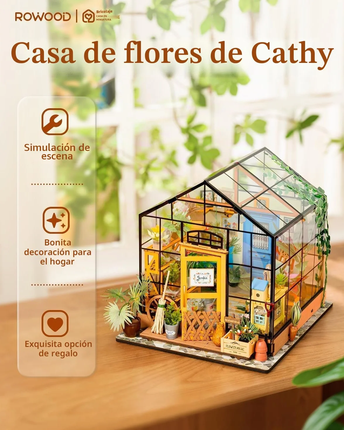 ROWOOD Casa De Muñecas En Miniatura Invernadero con Luz | DIY Miniature House Maquetas para Montar Manualidades De Madera | Regalos De para Adultos, Mujeres, Niñas (Cathy's Flower House)