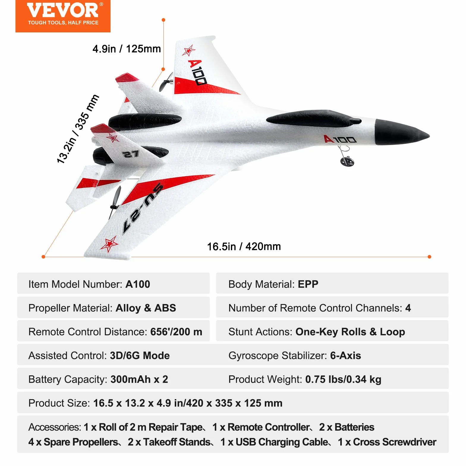 VEVOR Avión RC Avión de Control Remoto de 4 Canales de 2,4 GHz con Estabilizador Giroscópico de 6 Ejes Avión de Combate Listo para Volar Juguete con 2 Baterías para Adultos, Niños, Principiantes