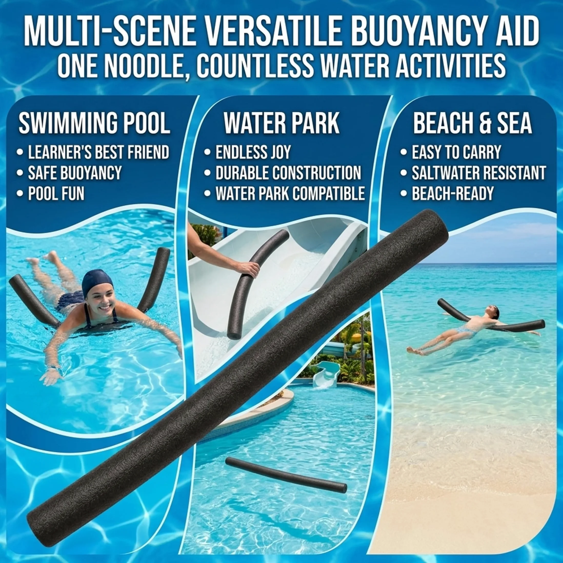 Black Pool Noodles, Paquete de 3 Espuma Hueca de 52 Pulgadas | Estructura flotante liviana, ideal para fiestas en la piscina, adecuada para todas las edades