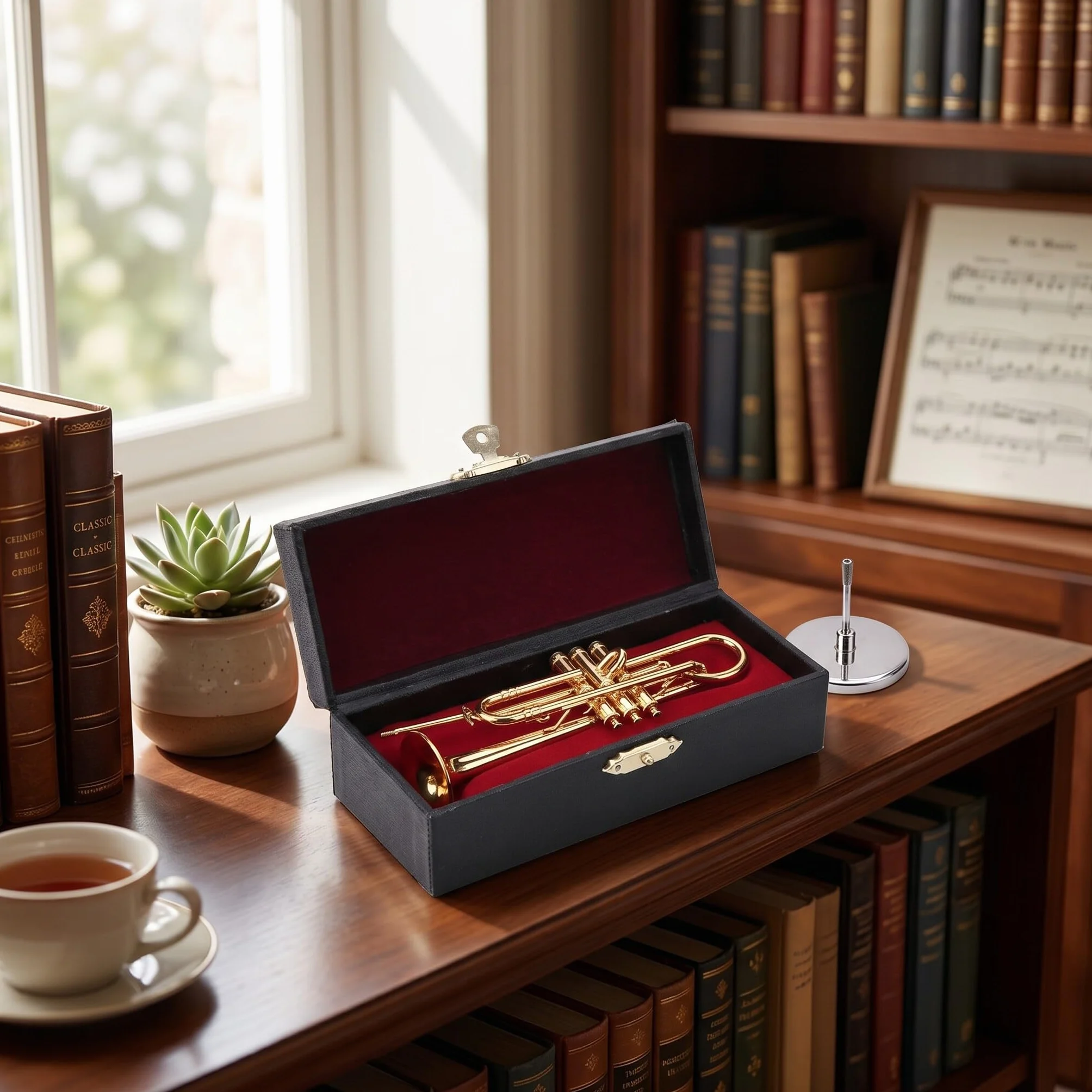 Trompeta Miniatura Réplica Mini Trompeta Caja Regalo Instrumento Musical Mini Modelo Instrumento Chapado Oro Adornos Musicales