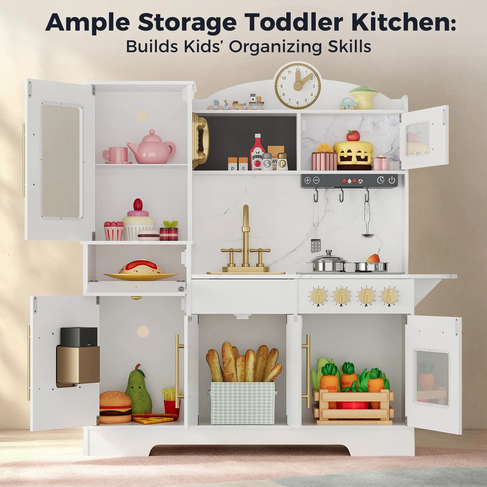 Cocina Juguete para Niños, Cocinita Infantil con Sonido Fogón Grifo Fregadero Microondas Reloj Máquina De Hielo y Accesorios De Cocina, Cocinita De Madera Infantil y 3 Años +, Educativo Imitación
