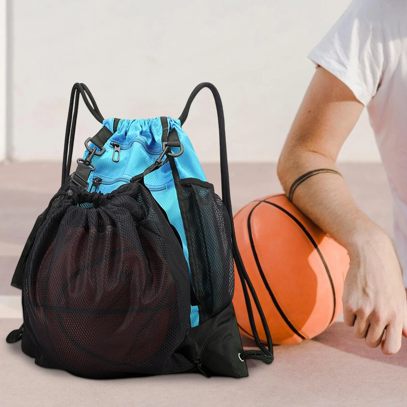 Mochila de baloncesto plegable con cordón para exteriores, diseño transpirable, ligera