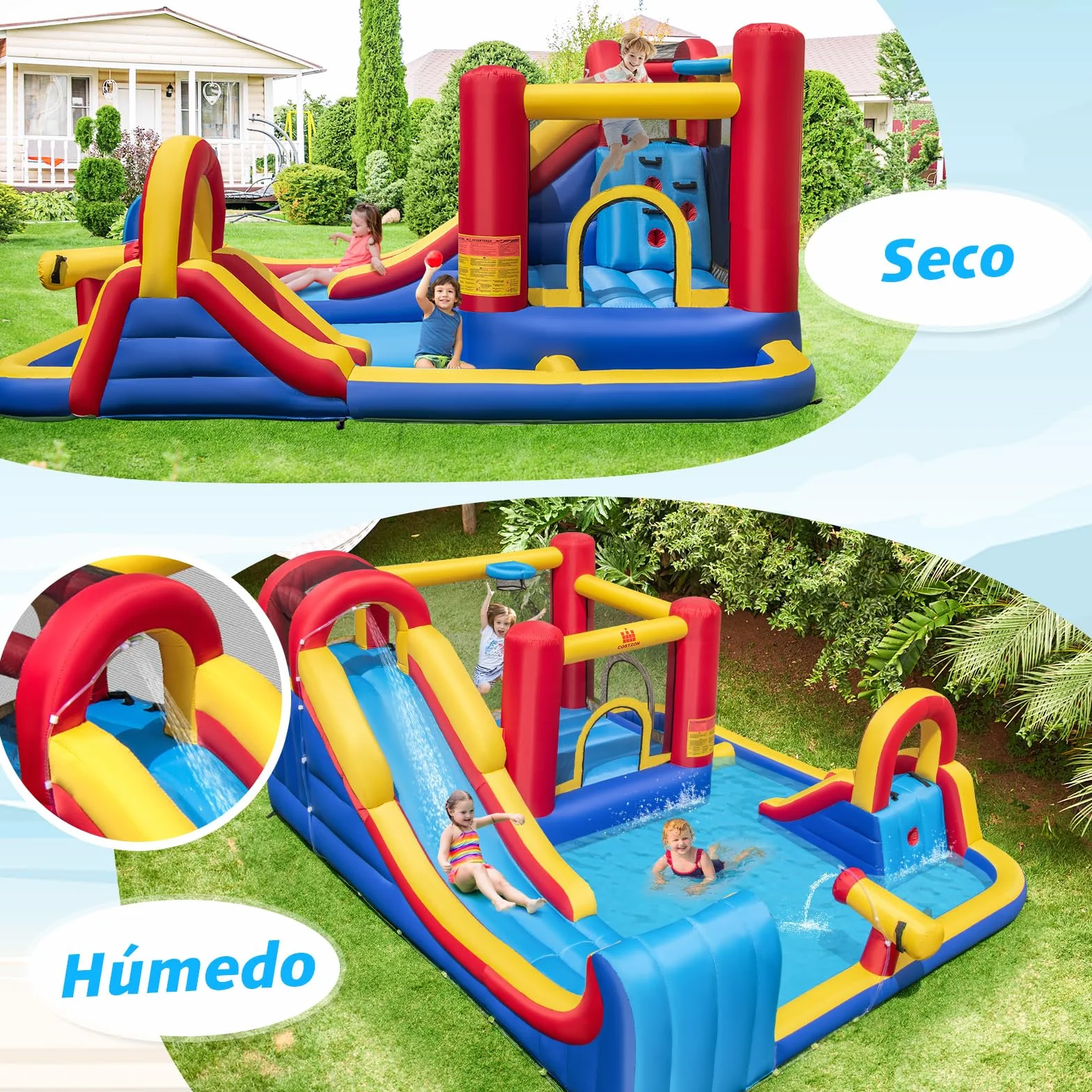 COSTWAY Castillo Hinchable Grande, Parque Acuático Infantil con Doble Tobogán, 2 Piscinas, Área de Salto y Aro de Baloncesto, 450 x 392 x 216 cm, para Jardín Patio, Multicolor (sin Soplador)