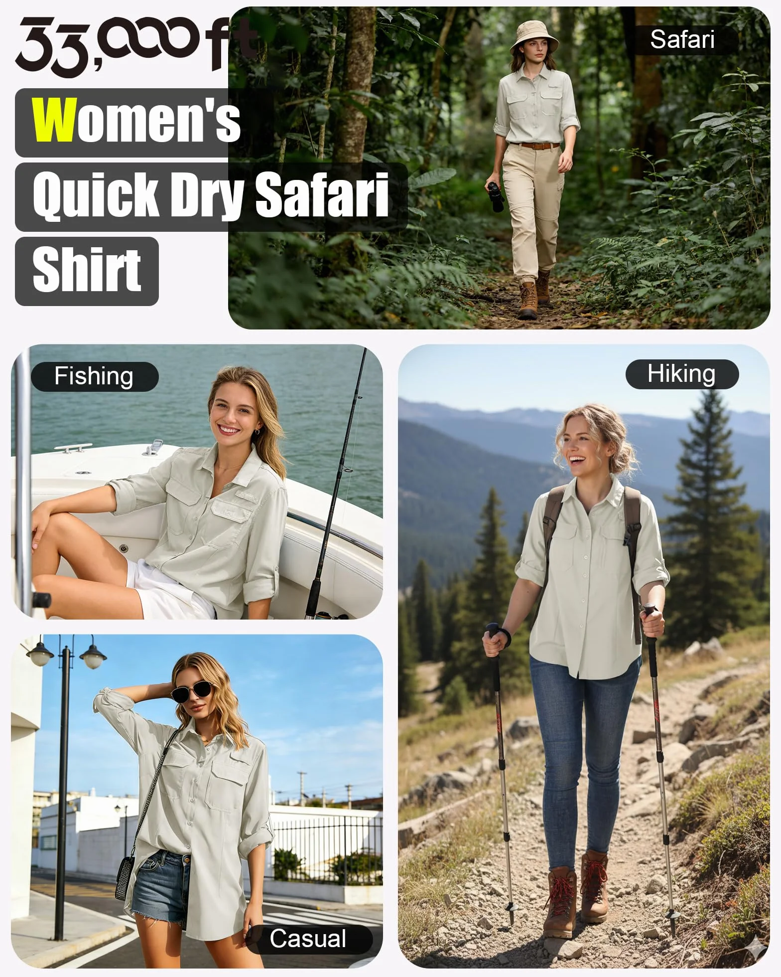 Camisa para mujer UPF50 protección UV secado rápido botones transpirable senderismo safari pesca viajes
