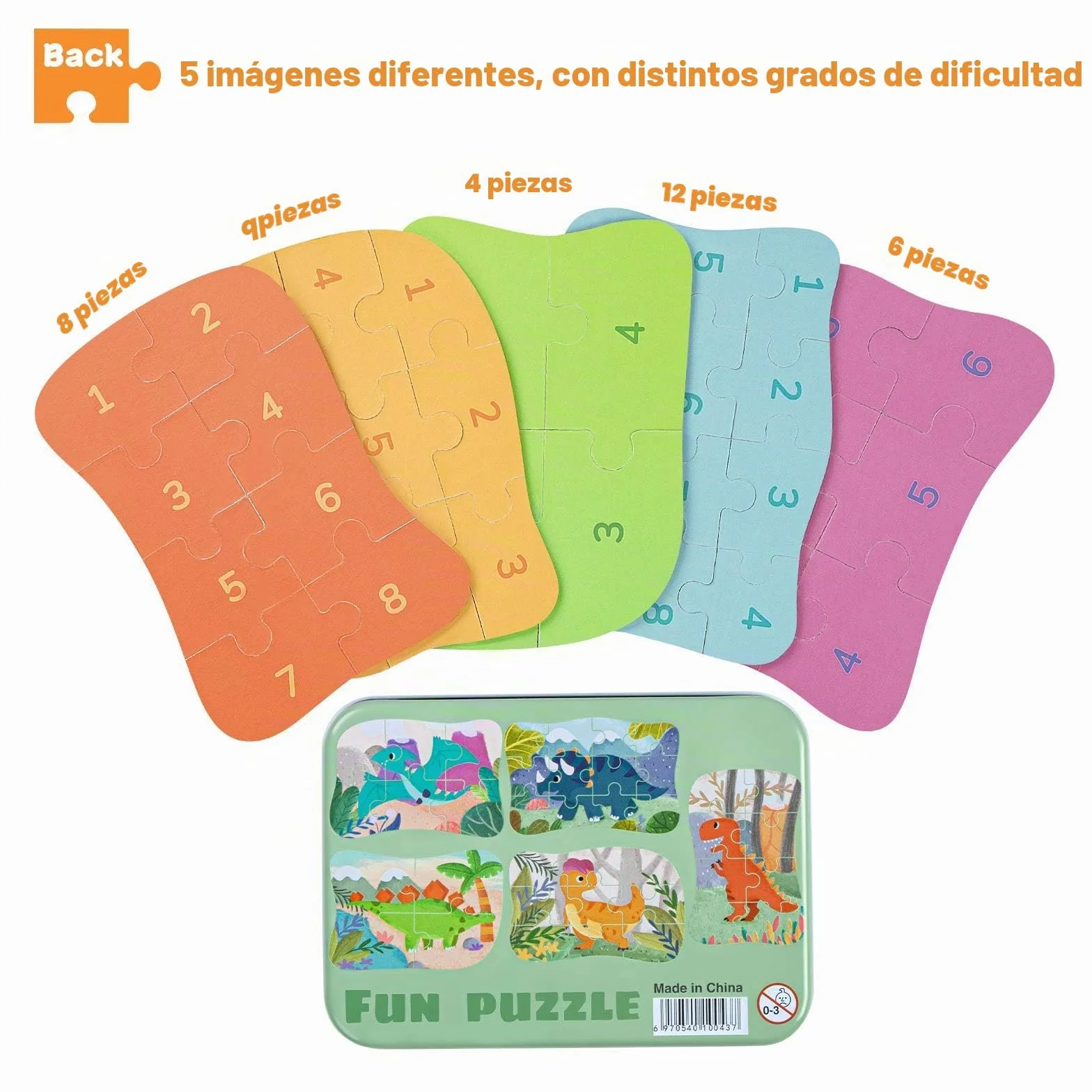 BBLIKE Puzzle Infantil de para niños Rompecabezas de Animales, puzle de 5 imágenes, Adecuado para niños y niñas a Partir de 3, 4 y 5 años (Dinosaurio)