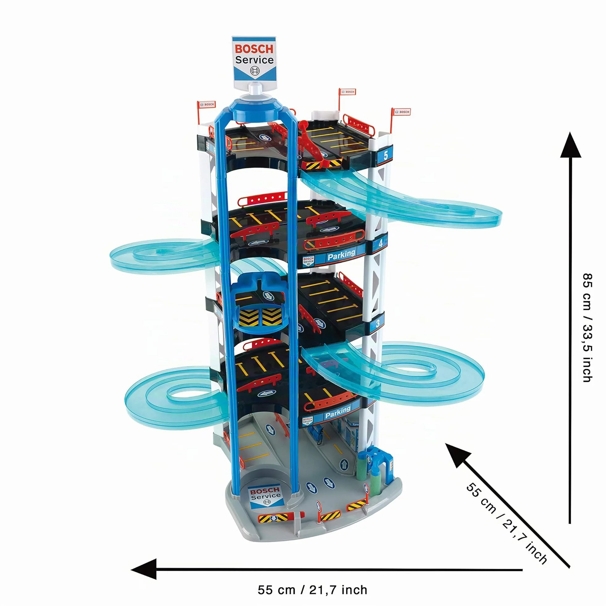Theo Klein 2813 Aparcamiento Bosch Car Service, con 5 Plantas, Doble rampa de Salida, 2 Coches de Carreras, Ascensor y Mucho más, Medidas 55 cm x 55 cm x 85 cm, Juguete para niños a Partir de 3 años