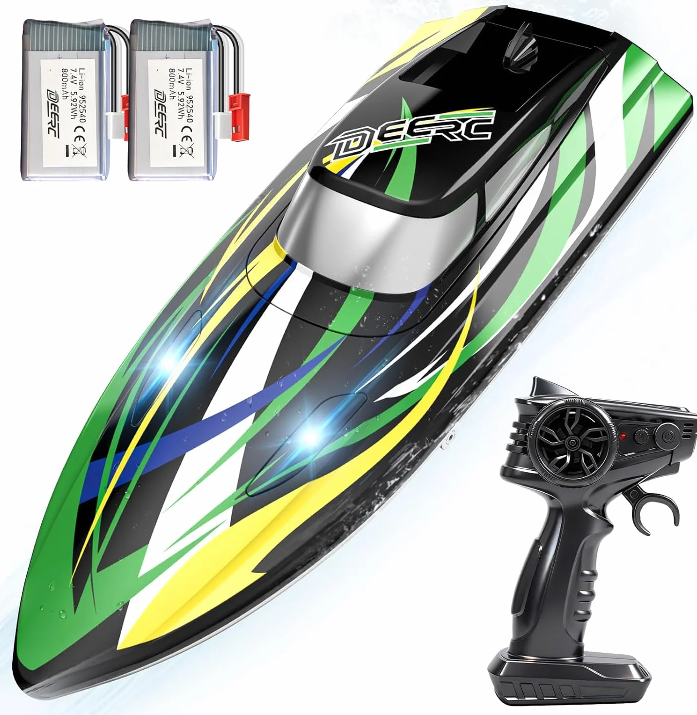 DEERC - Barco teledirigido de alta velocidad con luces LED, barco de carreras RC rápido autorectificador, 2 baterías para más de 24 minutos de autonomía, mando a distancia de 2,4 GHz, juguete para