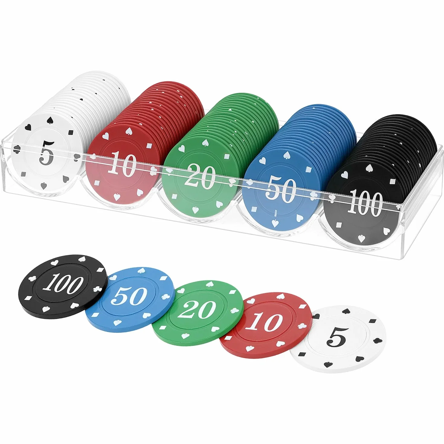 QWORK® 100 Piezas fichas de Juego de Mesa con valores Impresos, Set de contadores de Puntos en 5 Colores con Caja organizadora