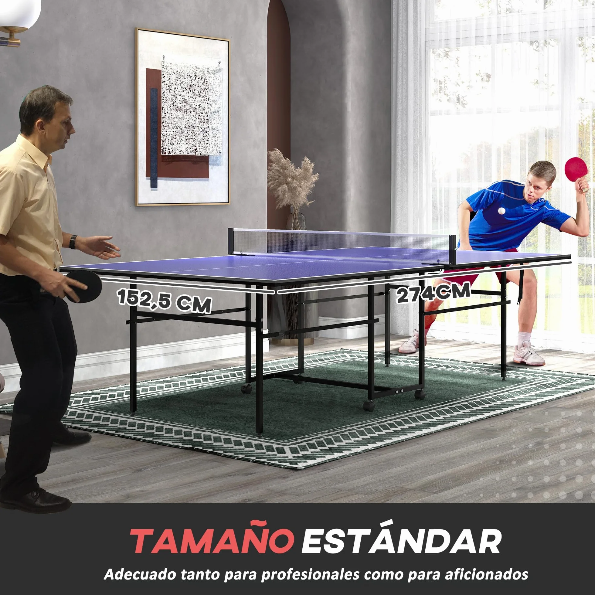 SPORTNOW Mesa de Ping-Pong Plegable Profesional 274x152,5x75,5 cm con 4 Ruedas, 2 Palas, Red y 3 Pelotas Azul