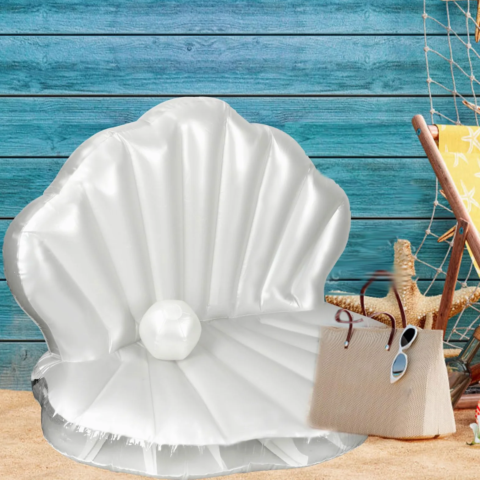 BOXOB Flotador de Piscina de Concha Marina, 144cm Grueso Inflable Gigante con Bola Perla para Despedidas Oltera Temática Oceánica y Verano Playa Divertida Fiesta en la Piscina Decoración