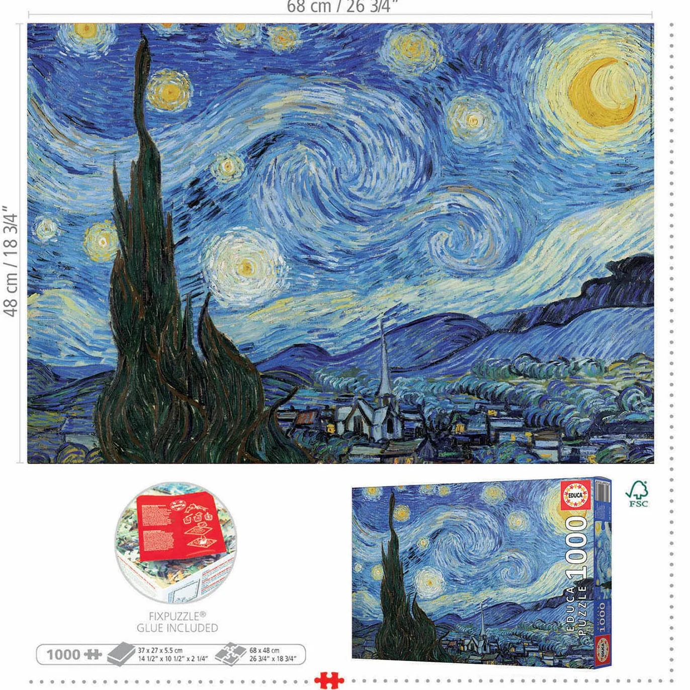 Educa - Puzzle de 1000 Piezas para Adultos | La Noche Estrellada, Vincent Van Gogh. A Partir de 14 años (19263)