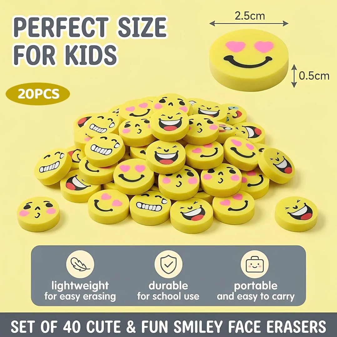 Borrador De Cara De Risa, 20 Unidades, Emoji, Amarillo, Tamaño 2,5 Cm, Para Niños, Estudiantes, Regalos De Cumpleaños
