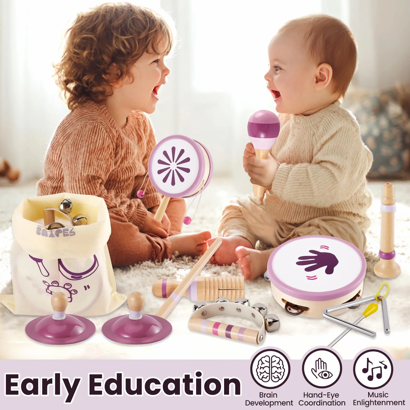 Buyger Instrumentos Musicales para Bebés, Juguete Montessori de Madera para Niños 1 2 3 años, IInstrumentos de Percusión Infantiles, Regalo para Niños Niñas (Cumpleaños/Navidad/Reyes)