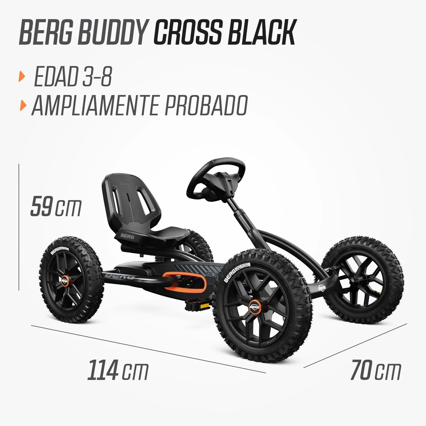 BERG Kart a Pedales Buddy Cross | Negro, 3-8 años, cuadro resistente, asiento regulable, volante regulable