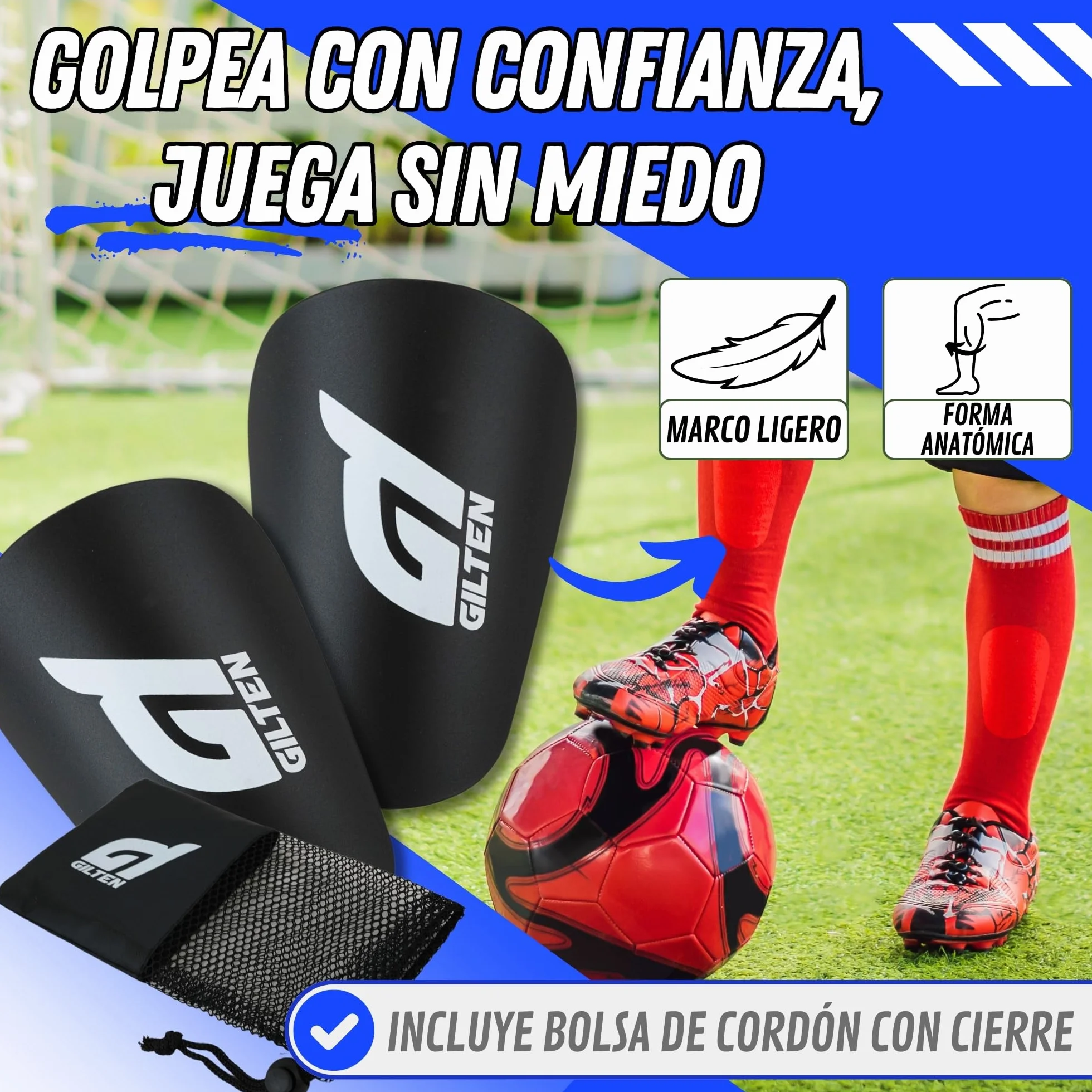 Espinilleras Fútbol con Bolsa Deportiva de Almacenamiento para Niño, Niña, Hombre y Mujer