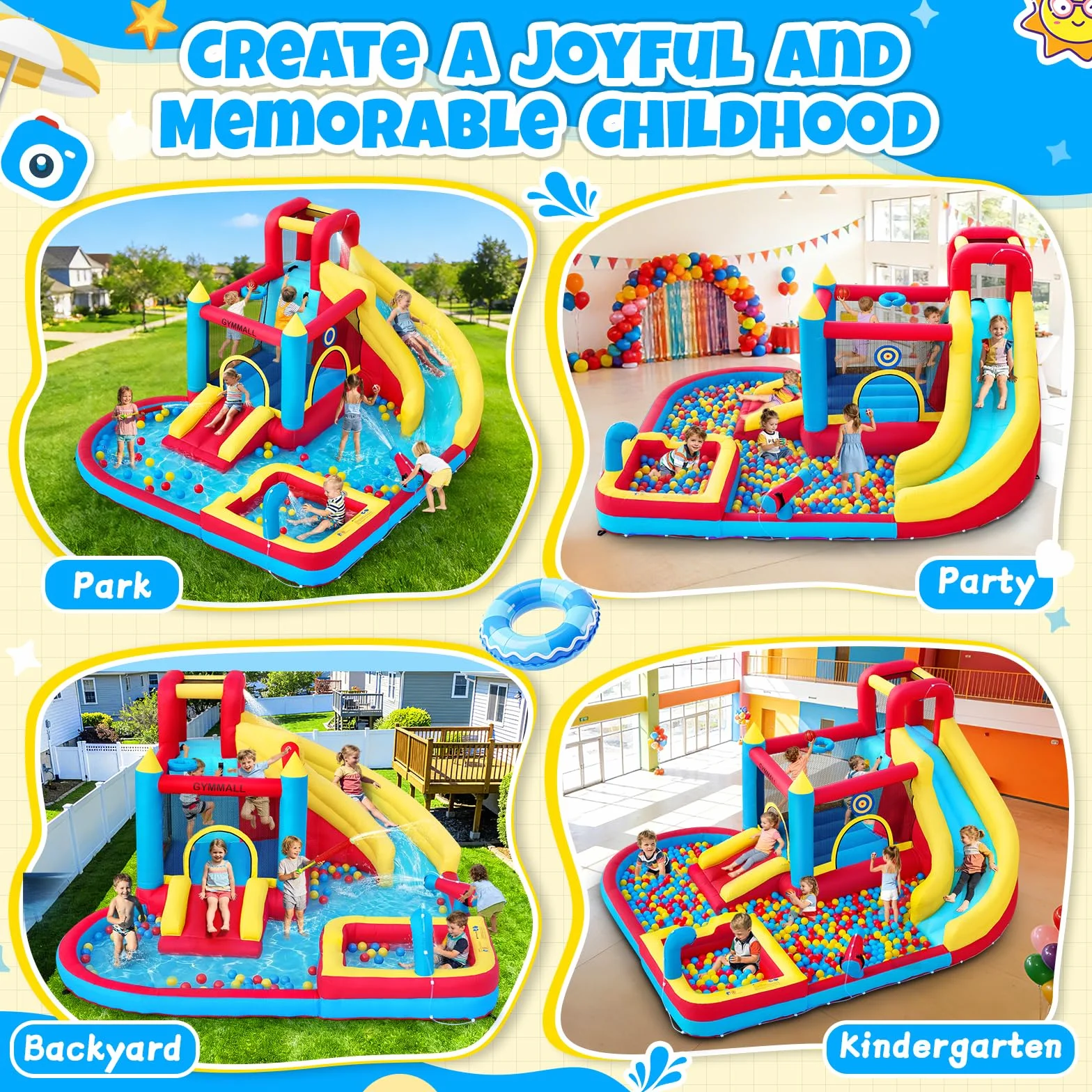 Castillo Hinchable para Niños, 8 en 1 con Soplador 480W, Tobogán Largo, Pared de Escalada, Trampolín y Zona de Chapoteo, Ideal para Uso Interior y Exterior en Vacaciones