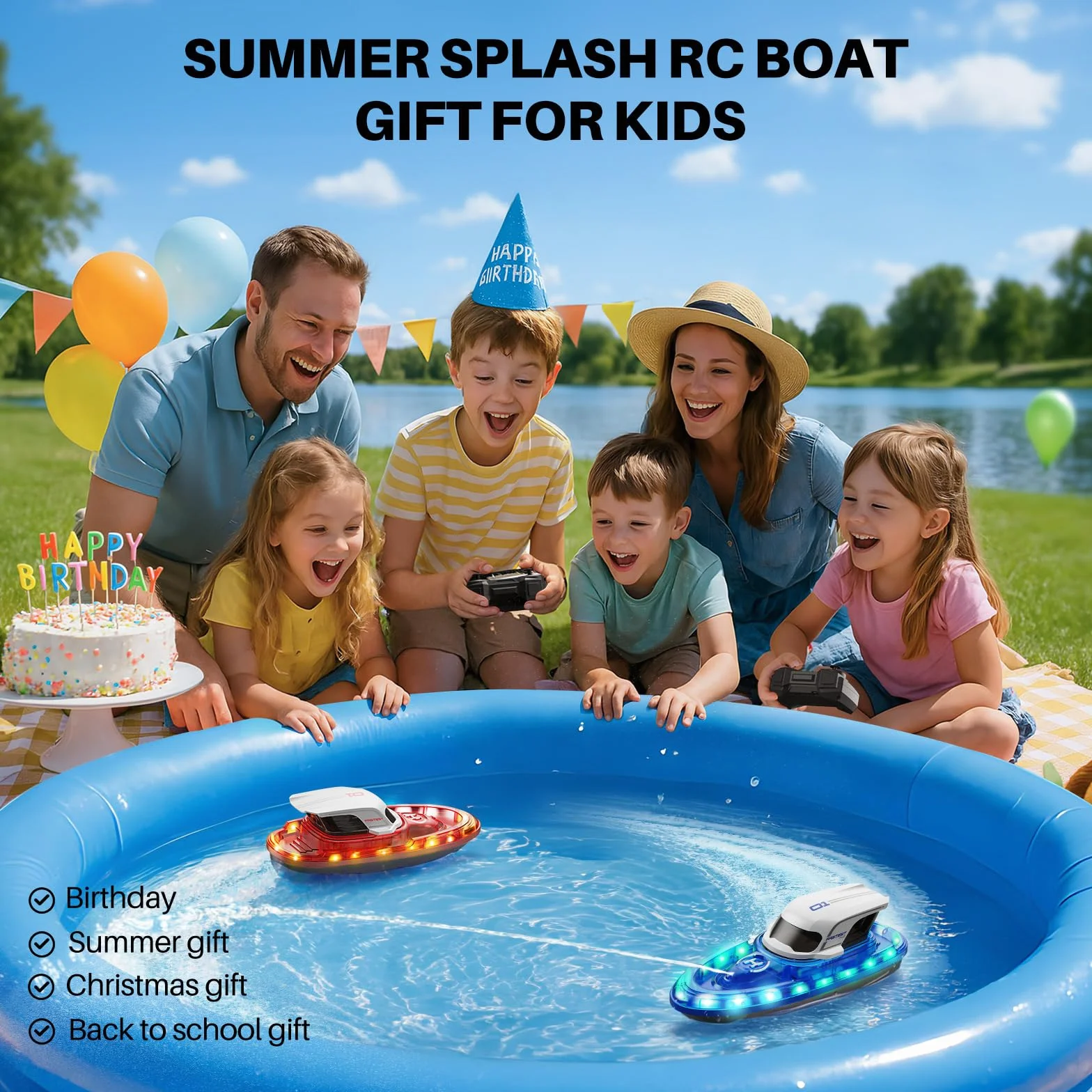 SYMA Juego de 2 botes teledirigidos para niños de 8 a 12 años, barcos de carreras RC con LED y spray de agua, 20 min por barco, 40 min en total, juguete para piscina y lago, regalo para niños y niñas