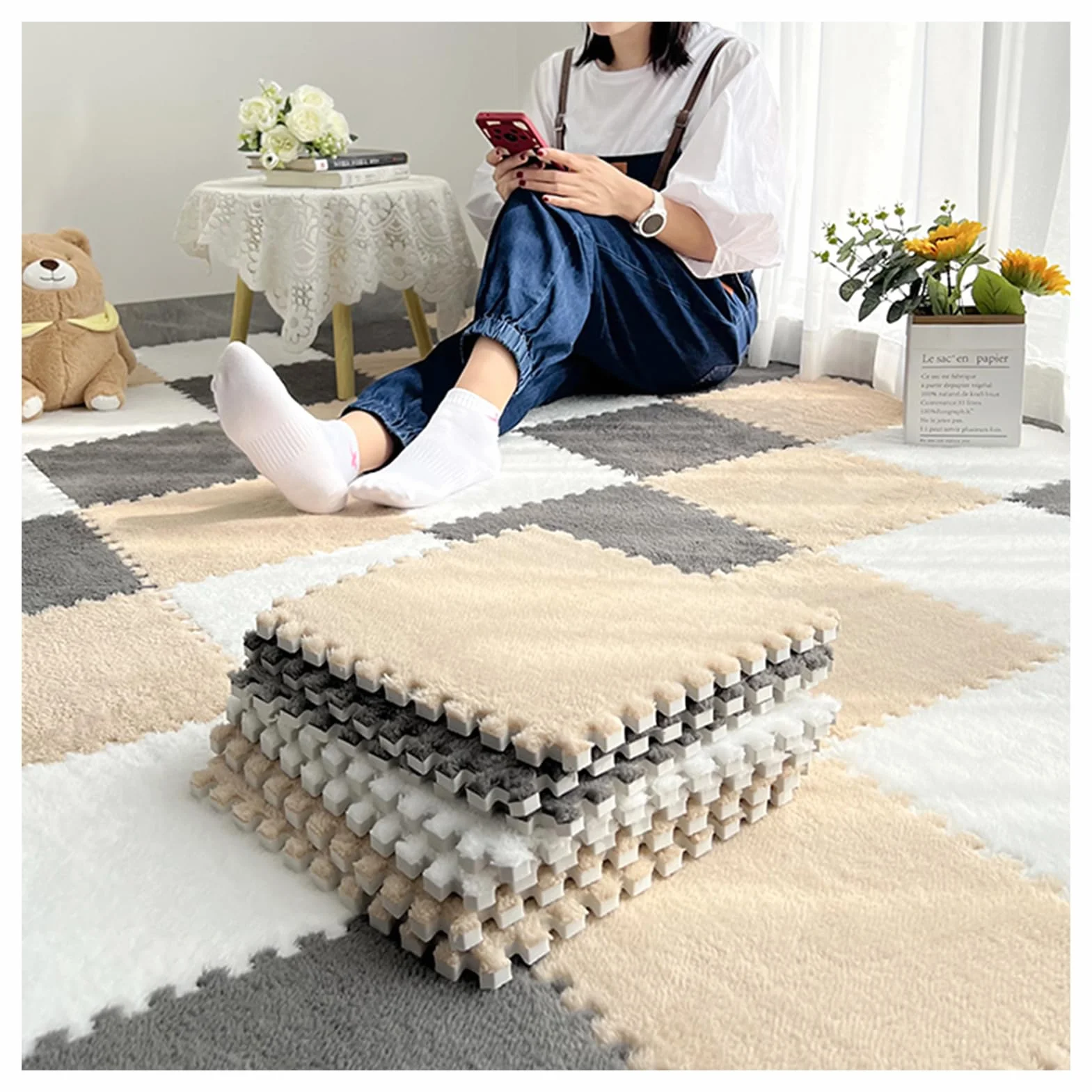 Tapete de juego de espuma entrelazada de felpa de 10 piezas, tapete de juego tipo rompecabezas de 30 x 30 cm, acolchado para ejercicio, yoga, sala de juegos y suelo de habitación (gris, marrón claro