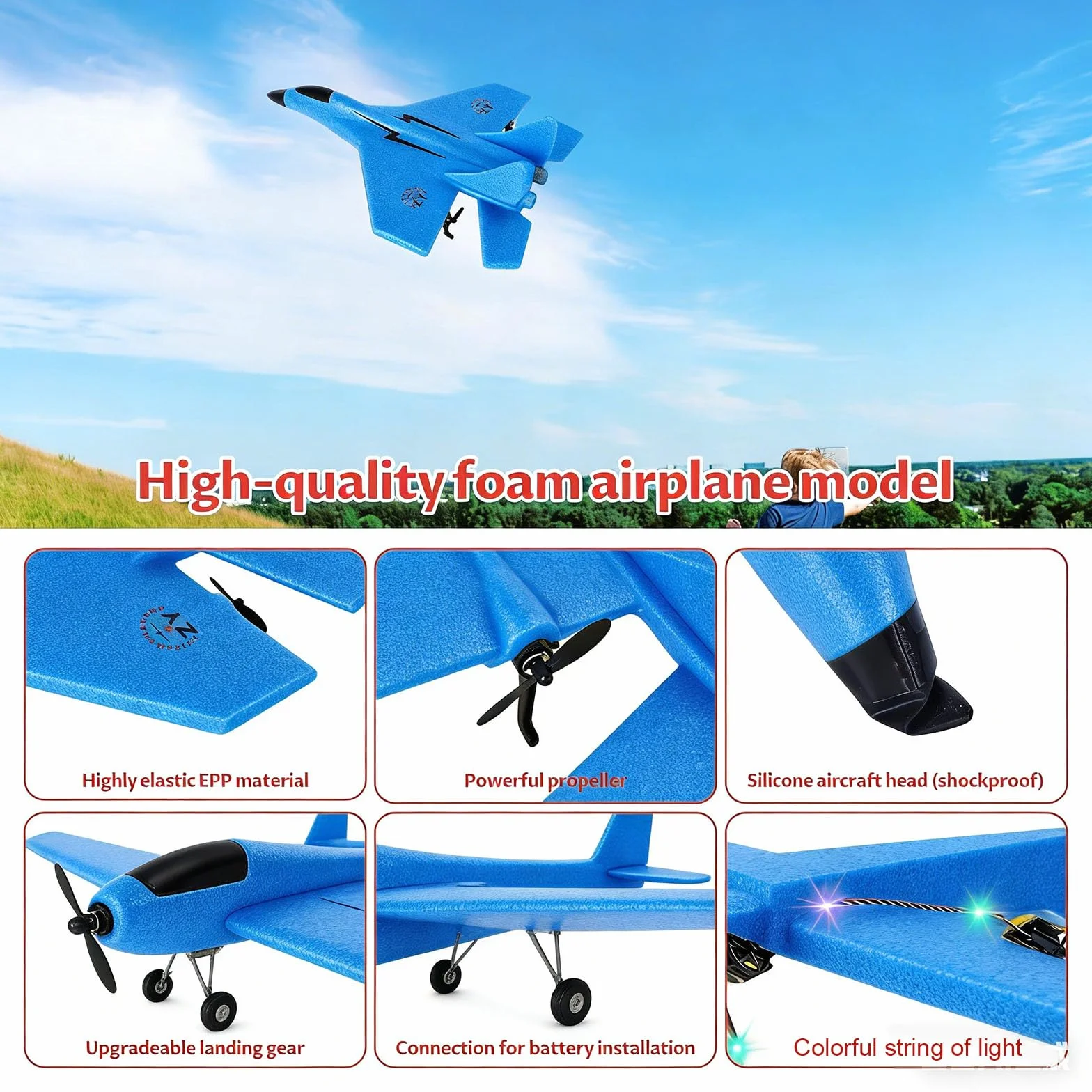 Avión RC de 2 Canales, 2,4 GHz Avión Teledirigido con Carga USB, Iluminación Fría, Planeador Volante a Distancia, Fácil de Volar para Niños y Principiantes
