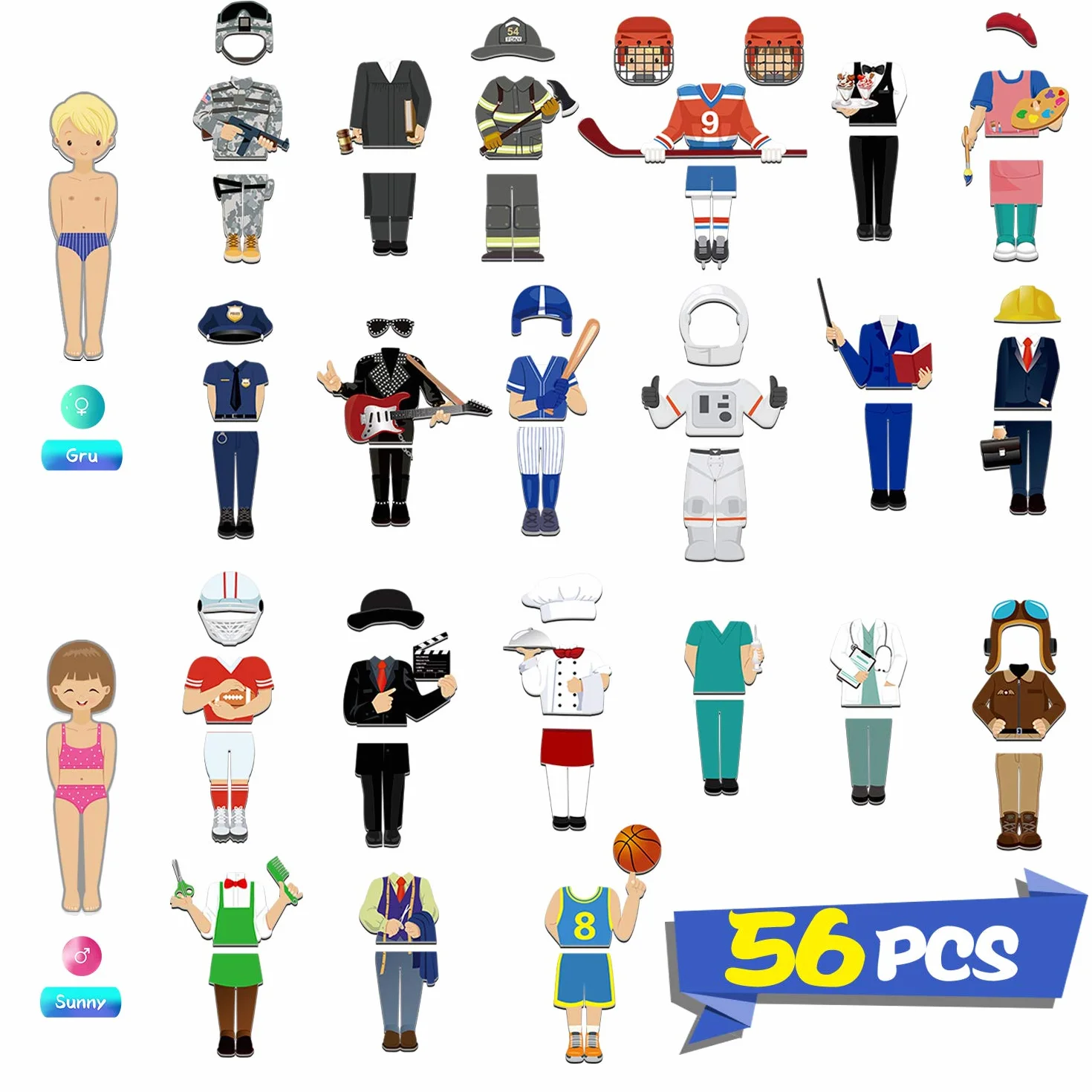 SpriteGru 56 Juego de muñecas magnéticas para Juegos de simulación con 21 Ocupaciones, Aprendizaje Preescolar