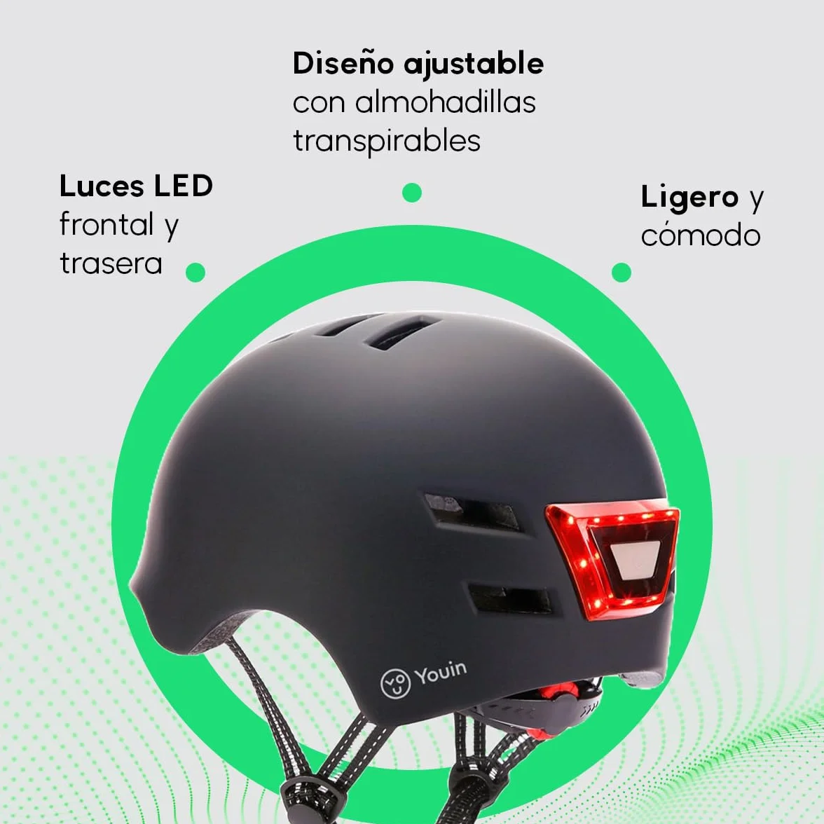 YOUIN Casco LED Frontal y Trasero Negro Talla L
