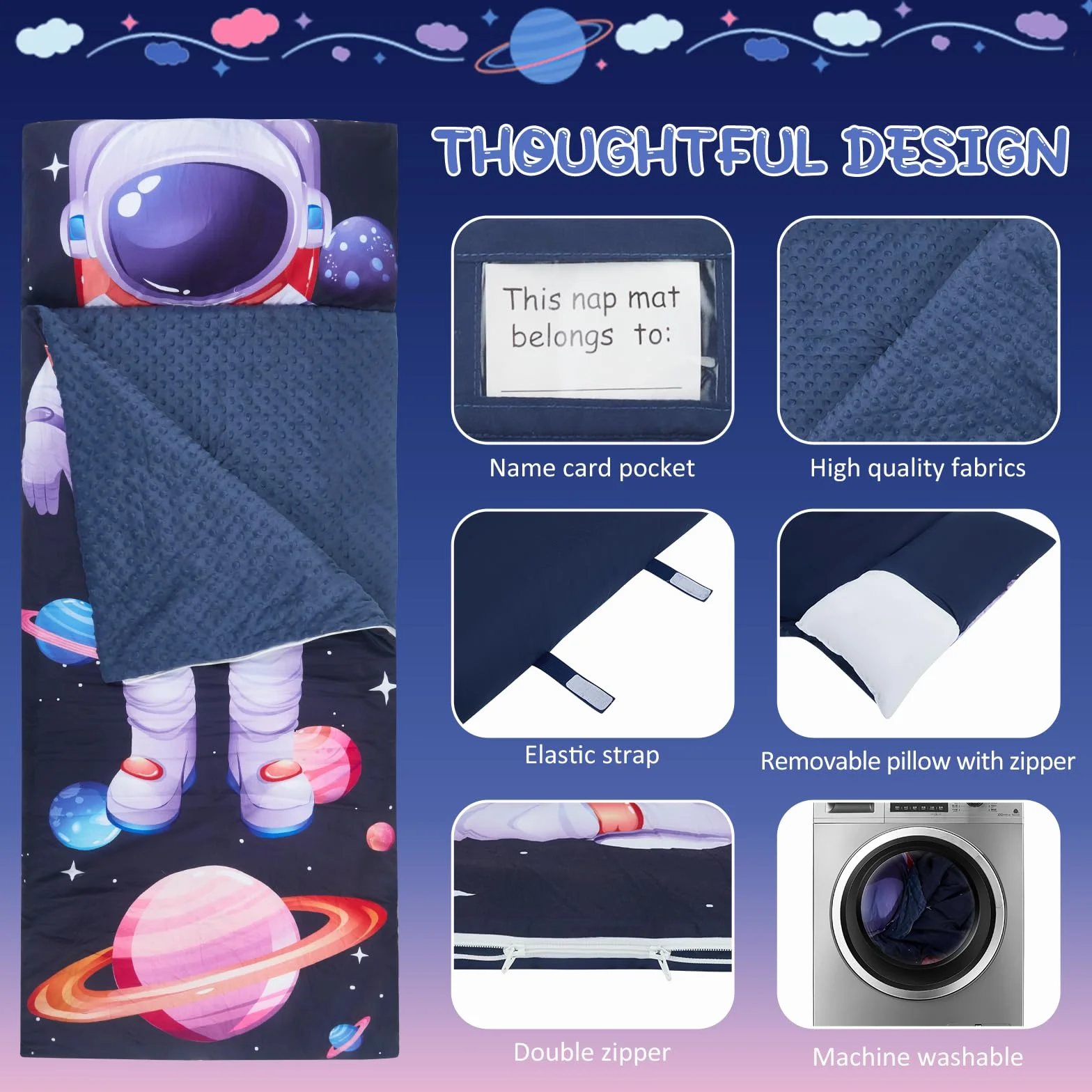 Saco de Dormir Infantil para Niños y Niñas 3-8 Años (120x60 cm), de Algodón con Forro Polar, Ligero y Cálido con Almohada Desmontable, para Guardería, Viaje y Camping