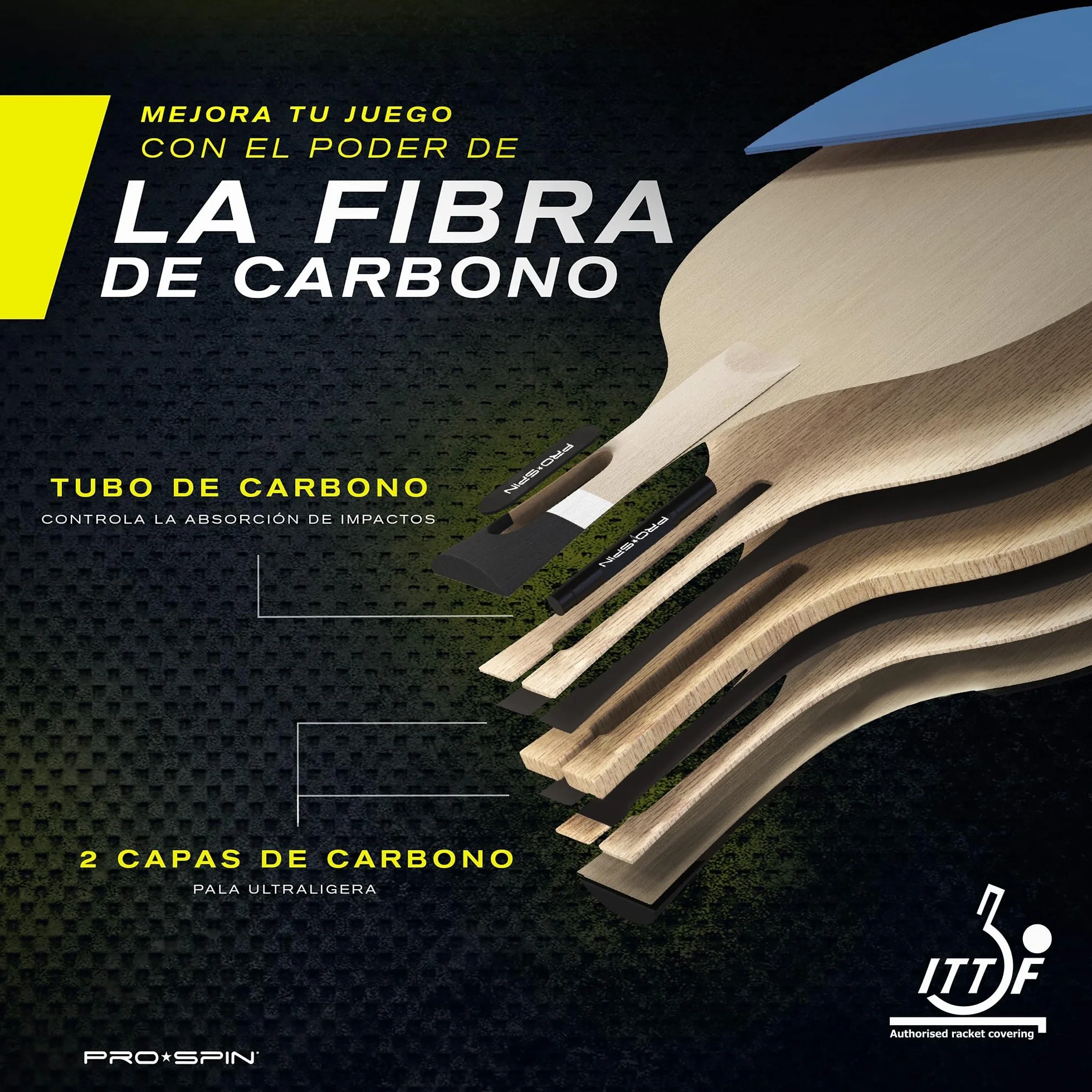 PRO-SPIN Palas de Ping Pong Homologada ITTF Fibra de Carbono Madera 7-Ply Goma Ofensiva Esponja 2 mm