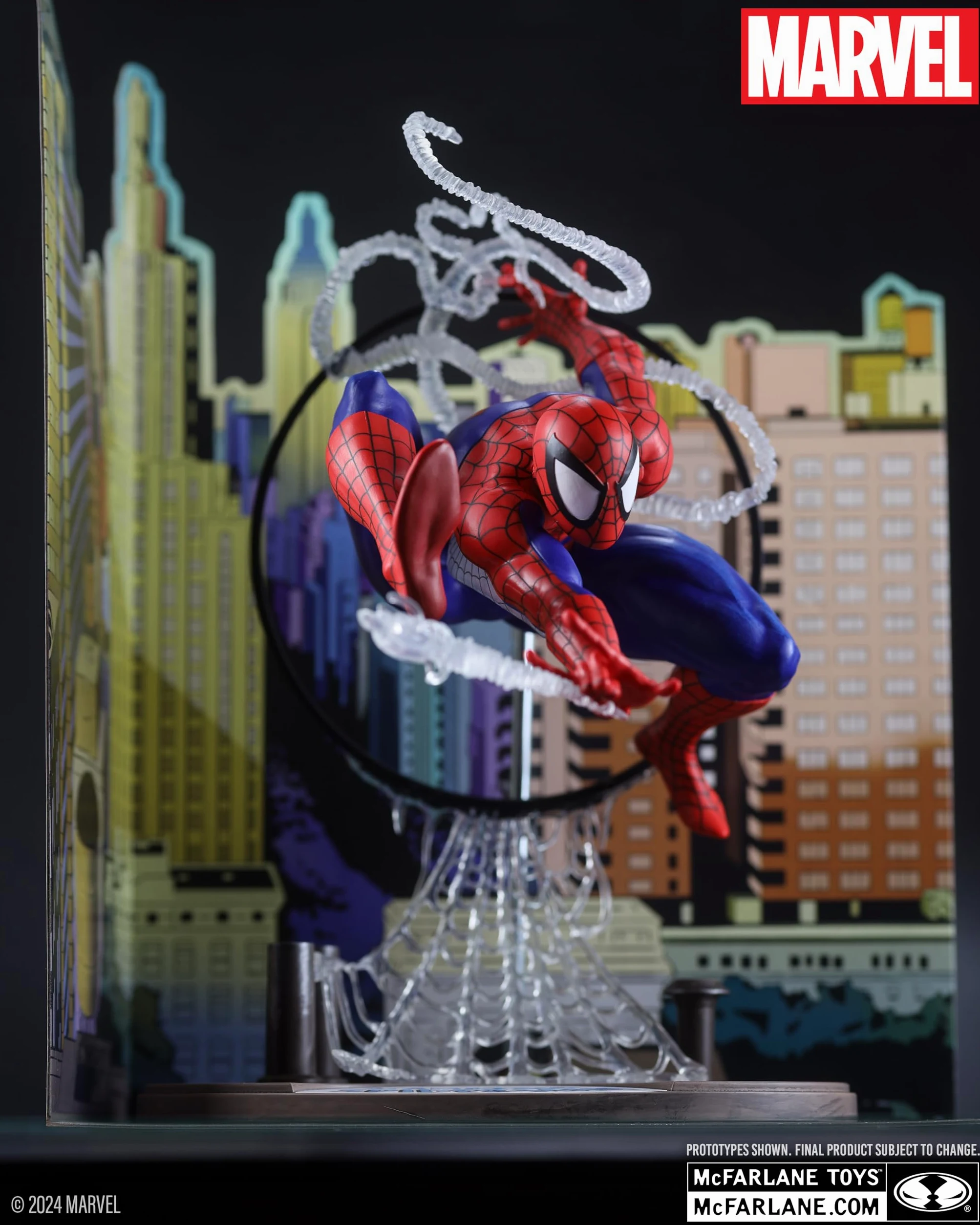 McFarlane Marvel Spider-Man Figura Posada a Escala 1:6 con Escena y cómic (basado en The Amazing Spider-Man #301) Juguetes | Escena de telón de fondo, cómic