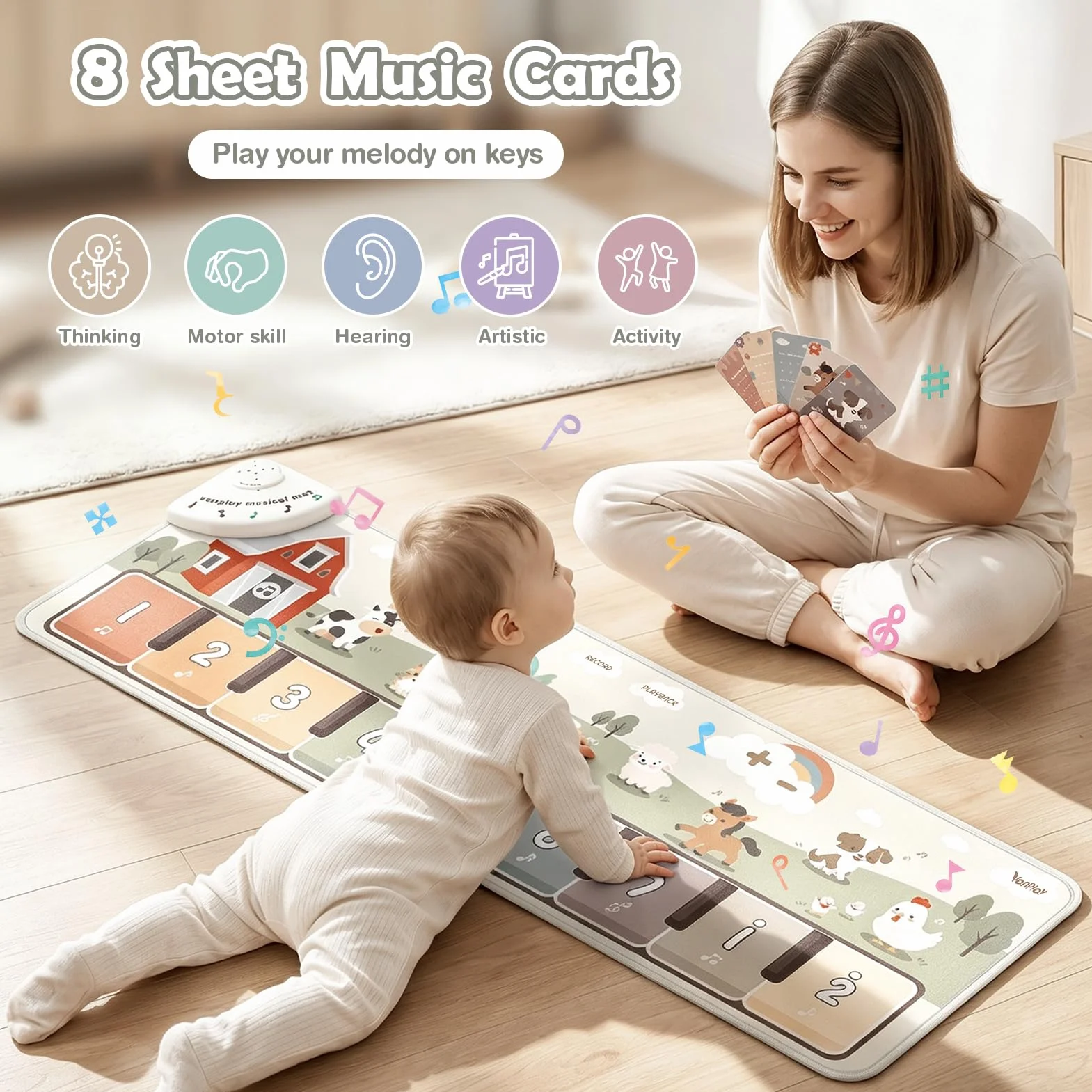 Baby Toys Musical Play Mat Toys for 1 2 3 Year Old Boys Girls, Piano Mat with 9 Piano Keyboard, Recording & Playback Function for Toddler Toys Baby Sensory Toys Baby Boy Girl Gifts