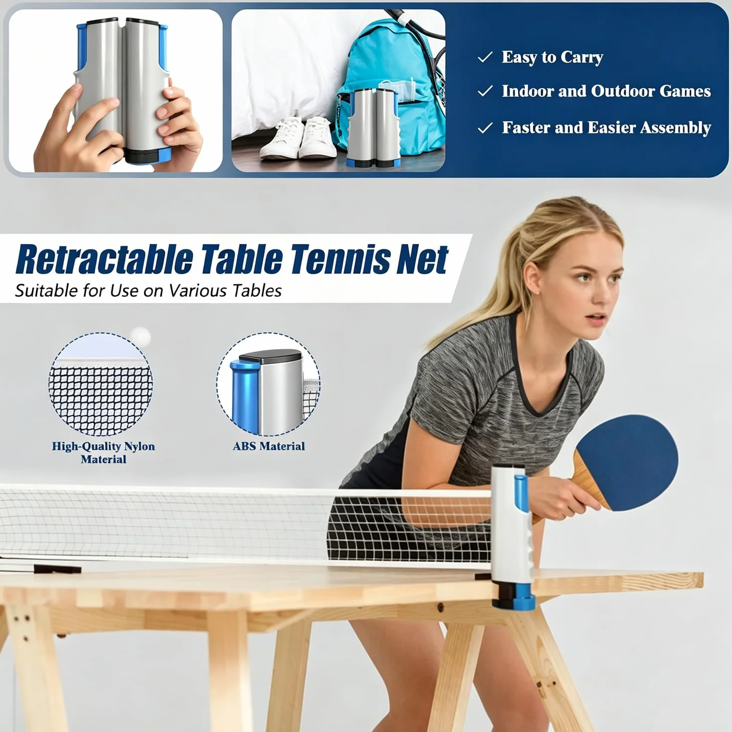 Red de Ping Pong Retráctil Portátil, Extensible hasta 170 cm, para Exterior e Interior, Azul Grisáceo