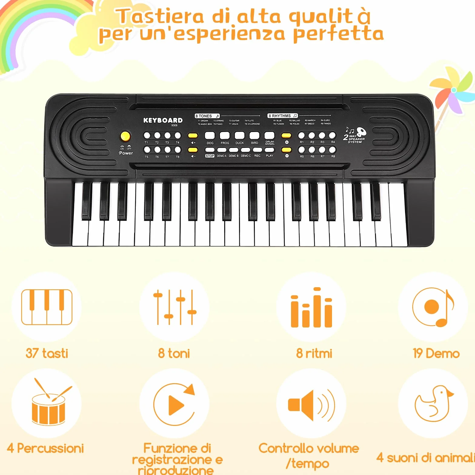 Piano Electrico Infantil con Micrófono, 37 Teclas Multifunción Piano para Niños, Organo Electronico Portátiles Calidad de Sonido HD, Doble Alimentación, Educativa Musical Regalo 3+ Años