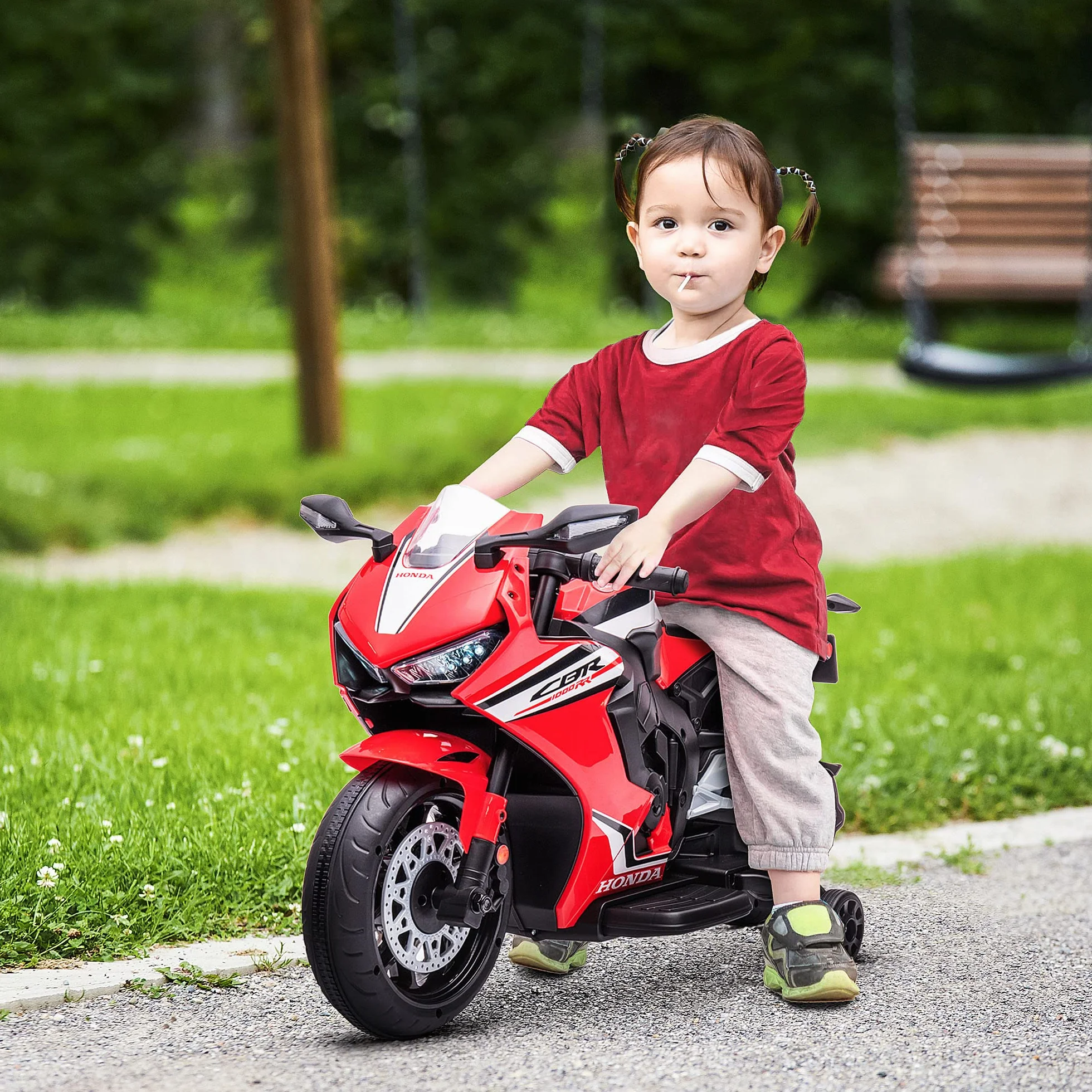 HOMCOM Moto Eléctrica con Licencia Honda para Niños de 3-5 Años Moto a Batería 6V con Faro Bocina Música y Ruedas Auxiliares Extraíbles Carga 30 kg 90x44x52 cm Rojo