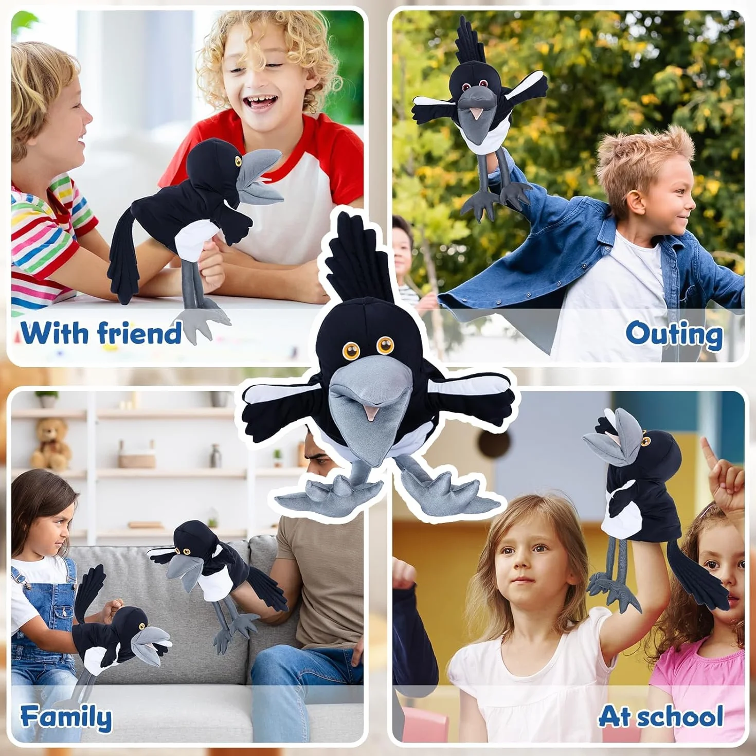 Muñeco de peluche Steve y Maggie – Marioneta de mano Maggie la Urraca para niños a partir de 1 año, suave marioneta de pájaro para juegos de rol, canciones infantiles y aprendizaje (PEQUEÑO)