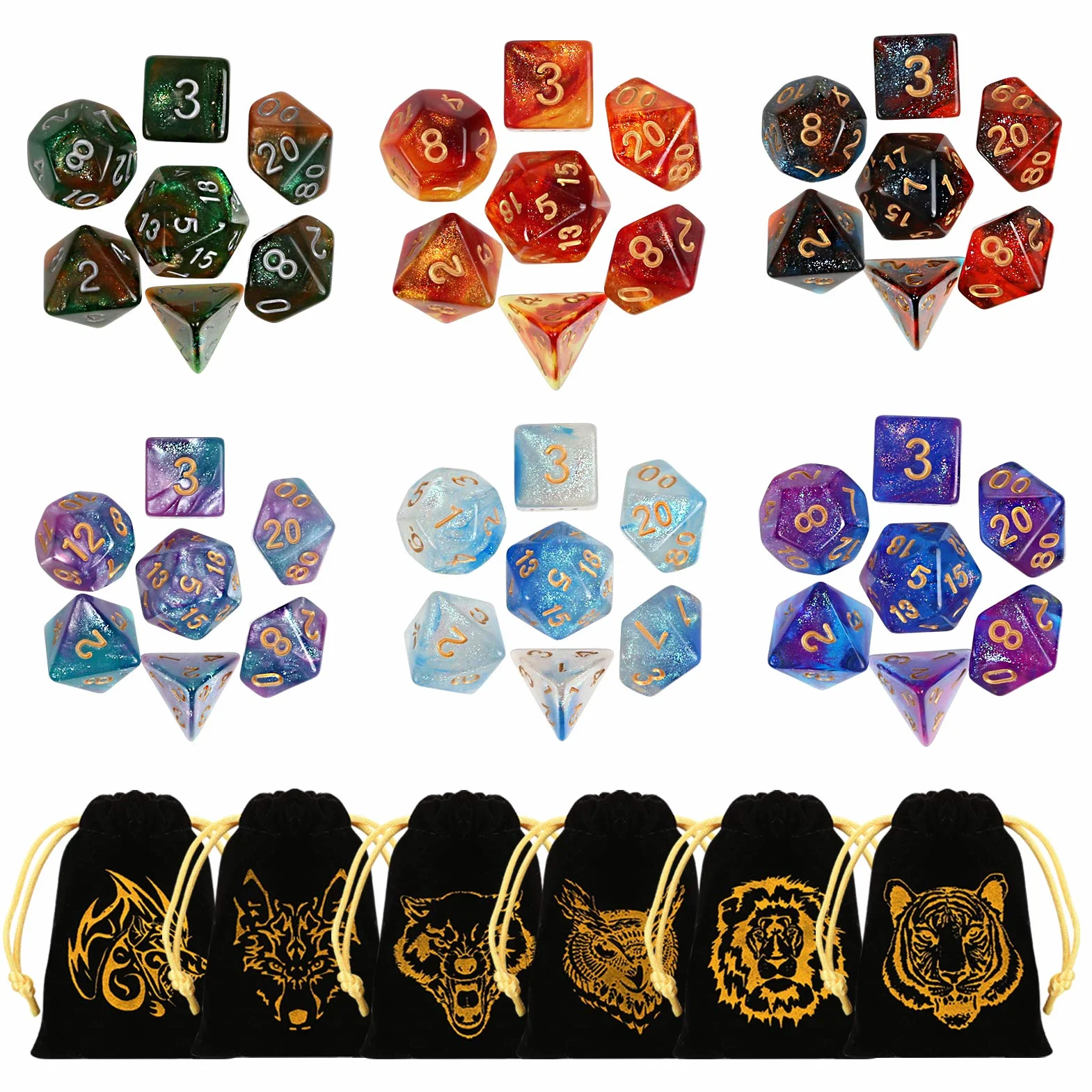 GWHOLE 6 Conjuntos Dados de rol（42 Piezas） Dado Poliédrico Professional para Juegos de Mesa, Dungeons y Dragons DND RPG MTG Juegos de rol con Bolsa Negra Portátil