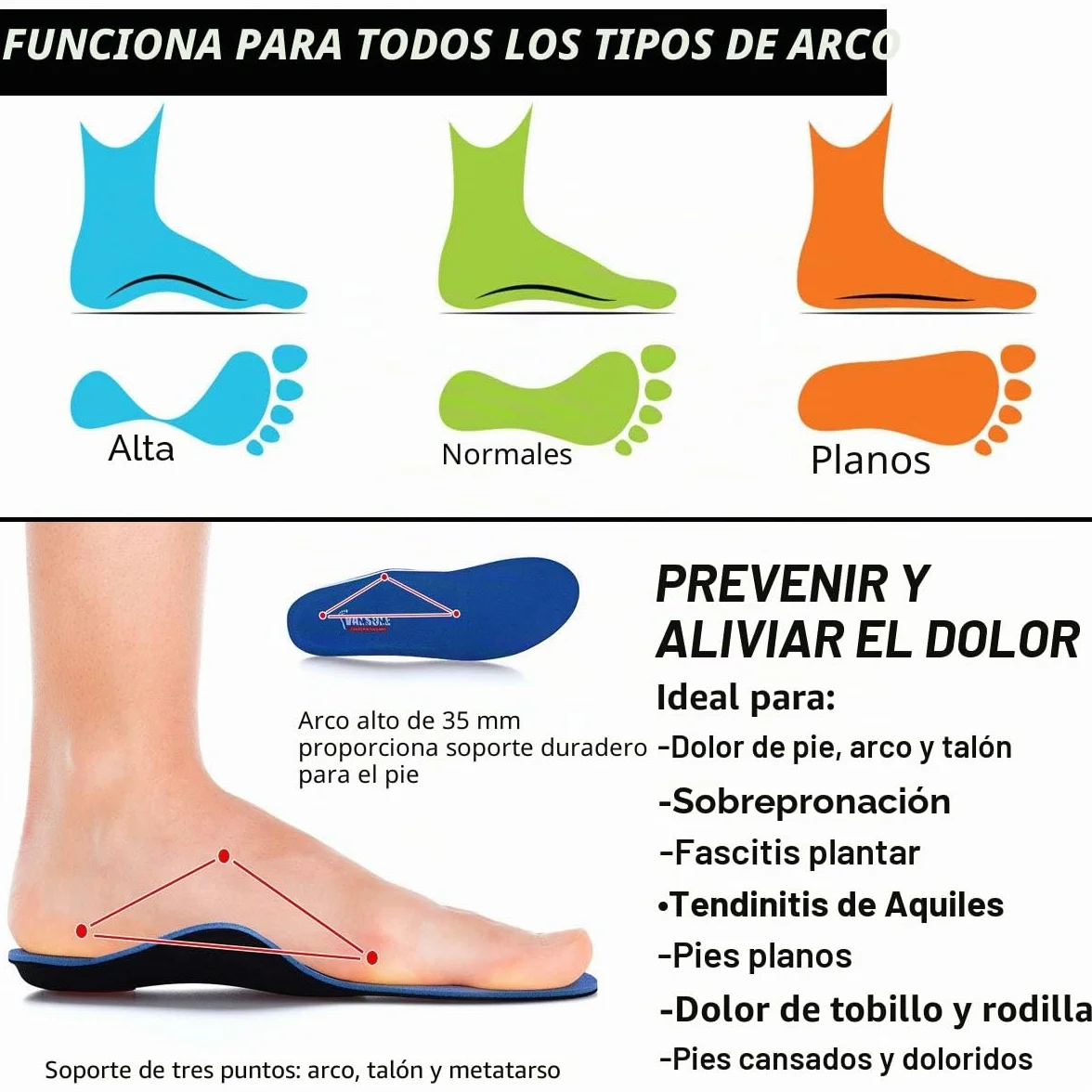 VALSOLE Plantillas Ortopédicas soportes de arco y talones la absorción de choque- para el dolor de talón, pie plano, Fascitis Plantar, dolor de rodilla y espalda