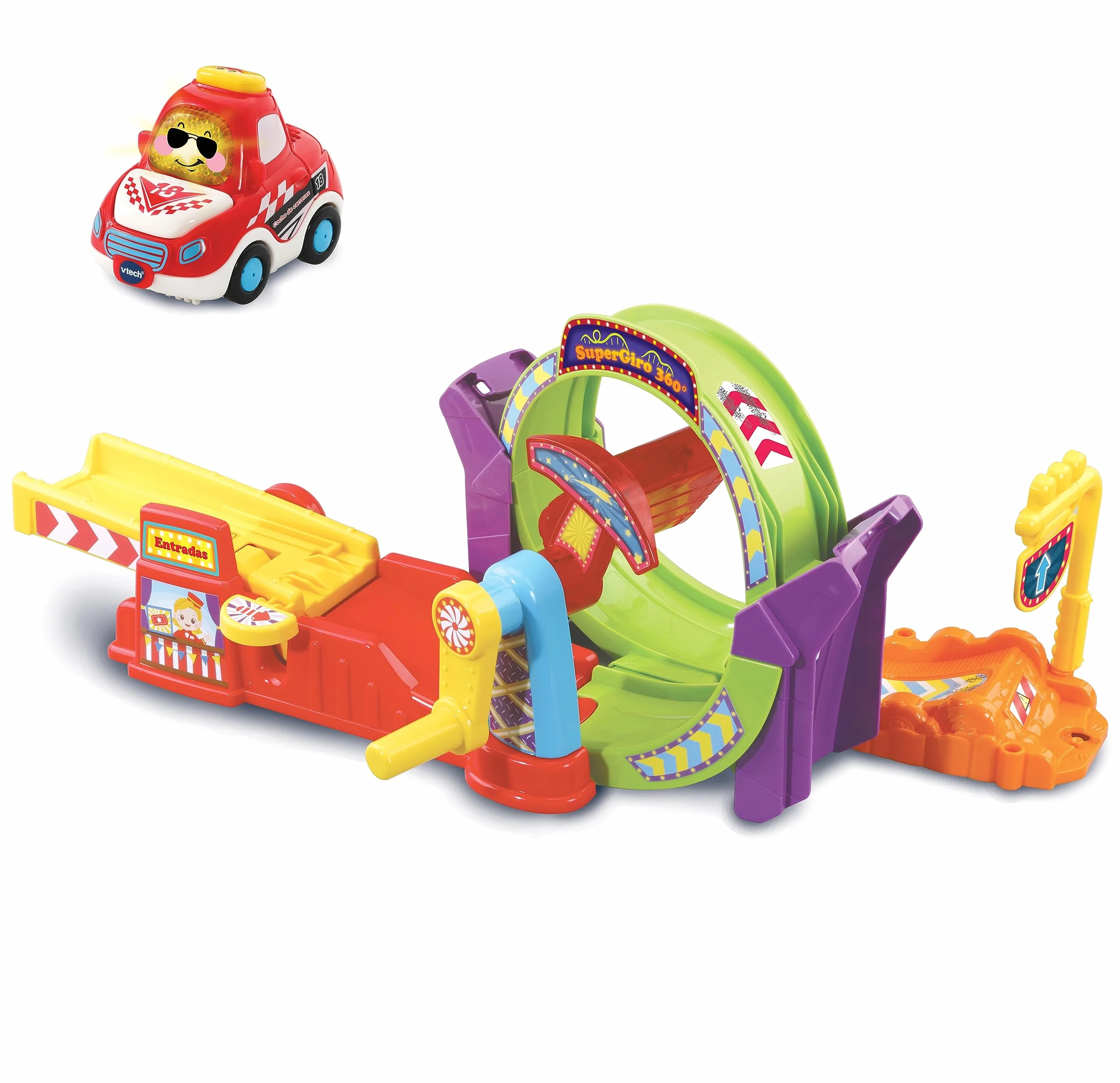 VTech - Supergiro 360º TutTut Bólidos, Pistas y Coches de Juguete para niños +1 año, Circuito con looping para Combinar, Incluye Jorge Coche Carreras, Versión ESP