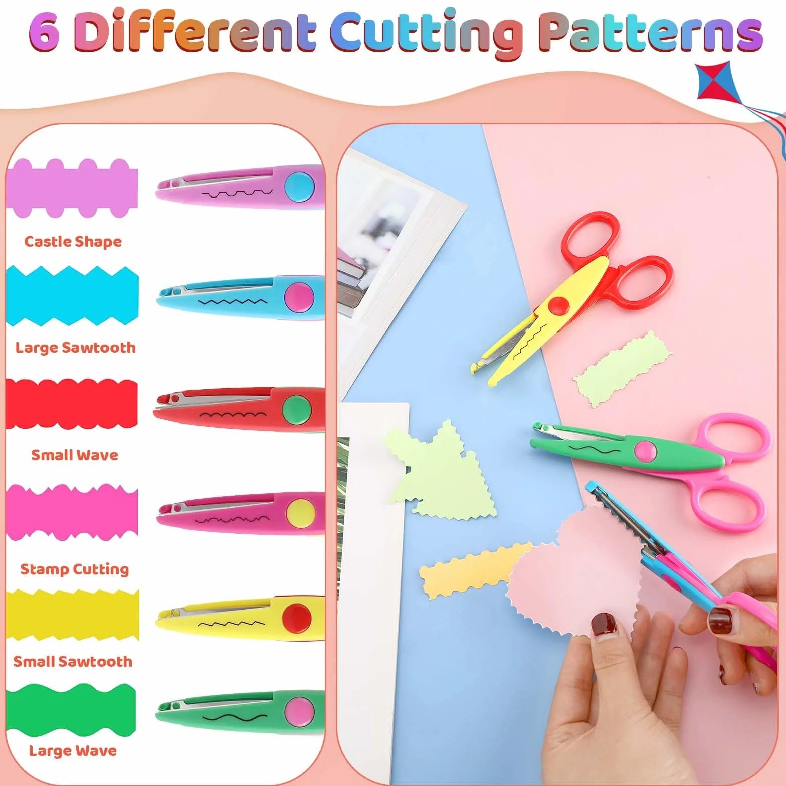 Juego de 6 tijeras para manualidades para niños, con 6 troqueles de papel, 6 formas de corte diferentes, juego de tijeras de papel para niños, guardería, principiantes, manualidades