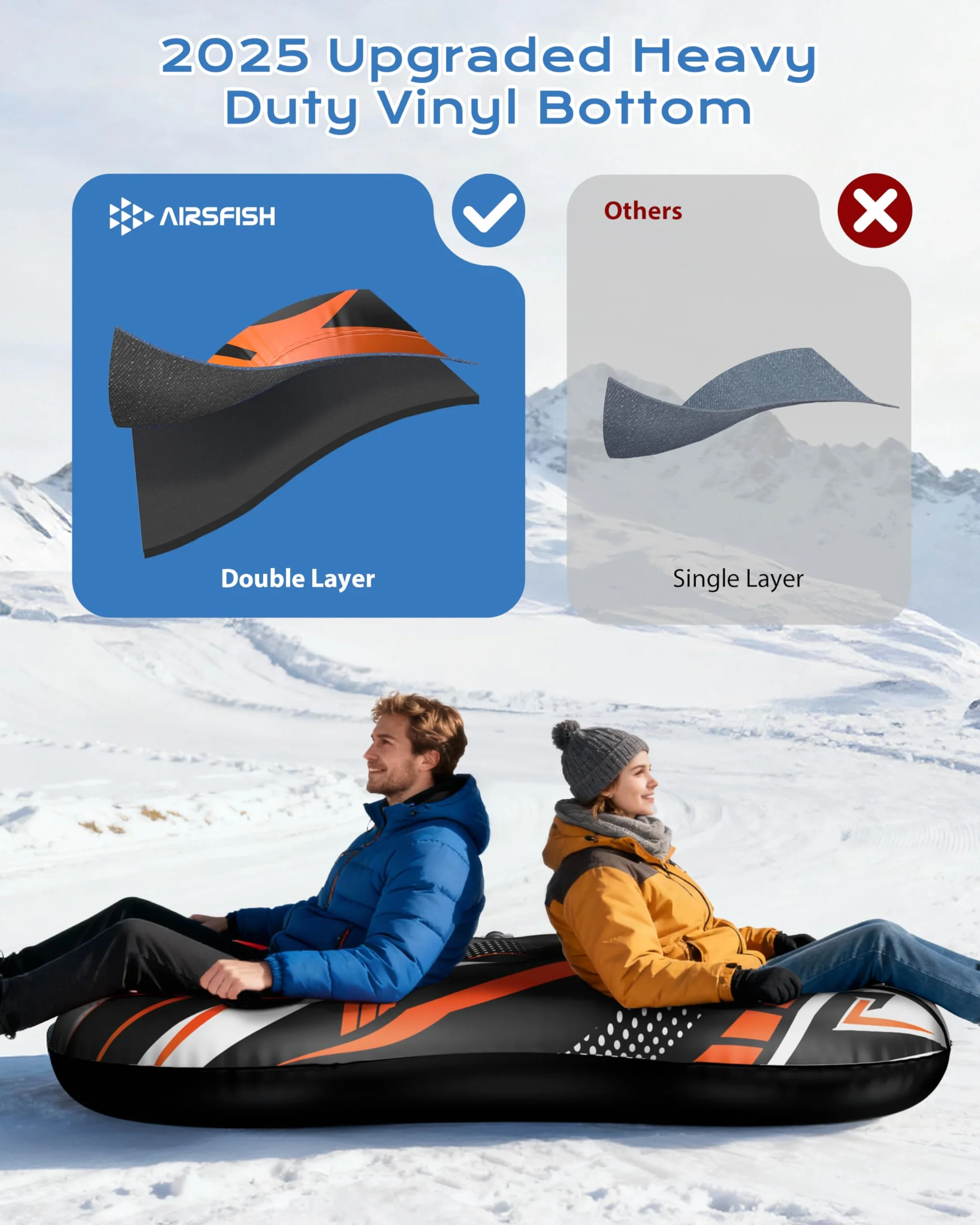 Trineo de nieve inflable 2 asientos con correa remolcable, cubierta resistente, anticongelante