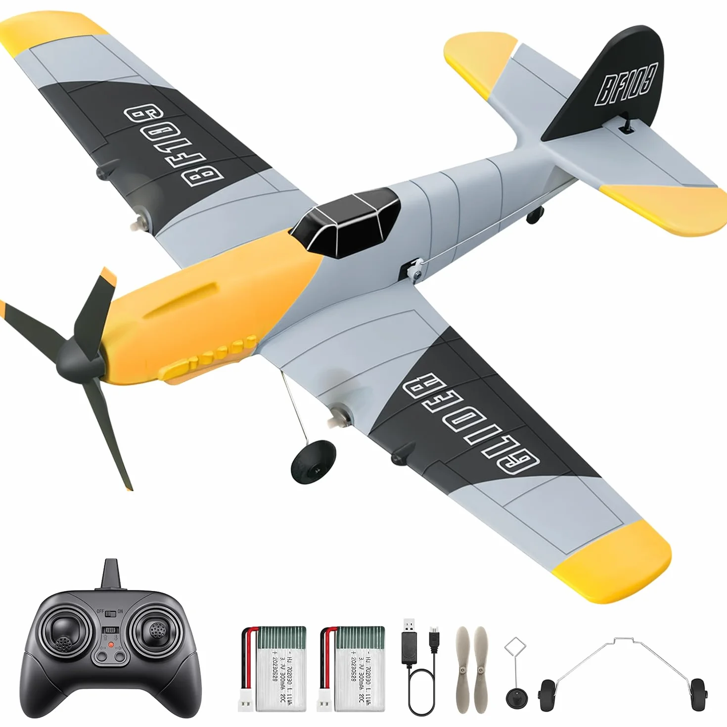 HAWK'S WORK 3 Canales RC Avión BF-109, Avión Teledirigido Listo para Volar, 2.4GHz Estabilizador Giroscópico de 6 Ejes, Fácil de Volar para Niños y Principiantes